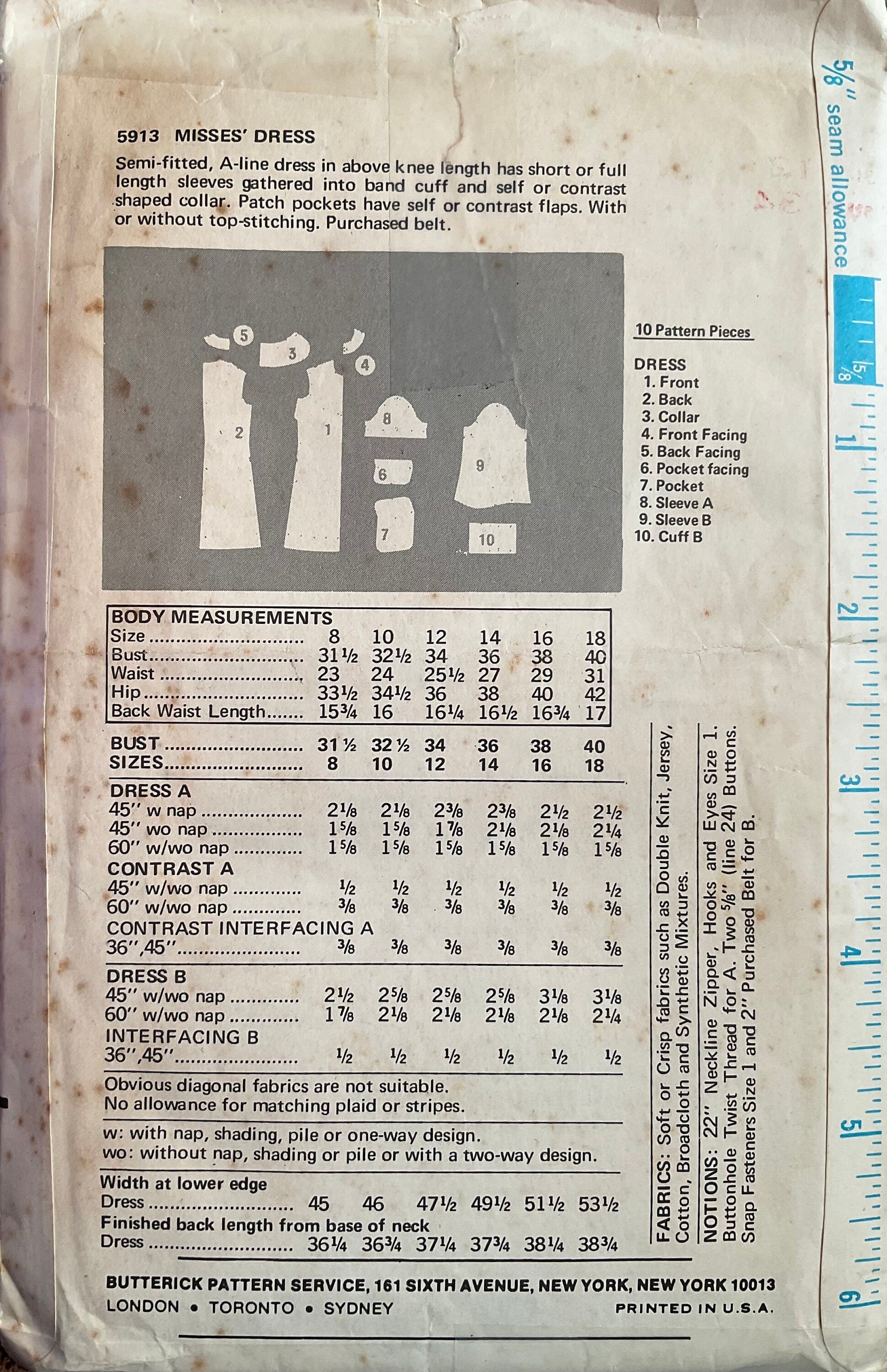 Butterick 5913 Sewing Pattern (Vintage) CUT