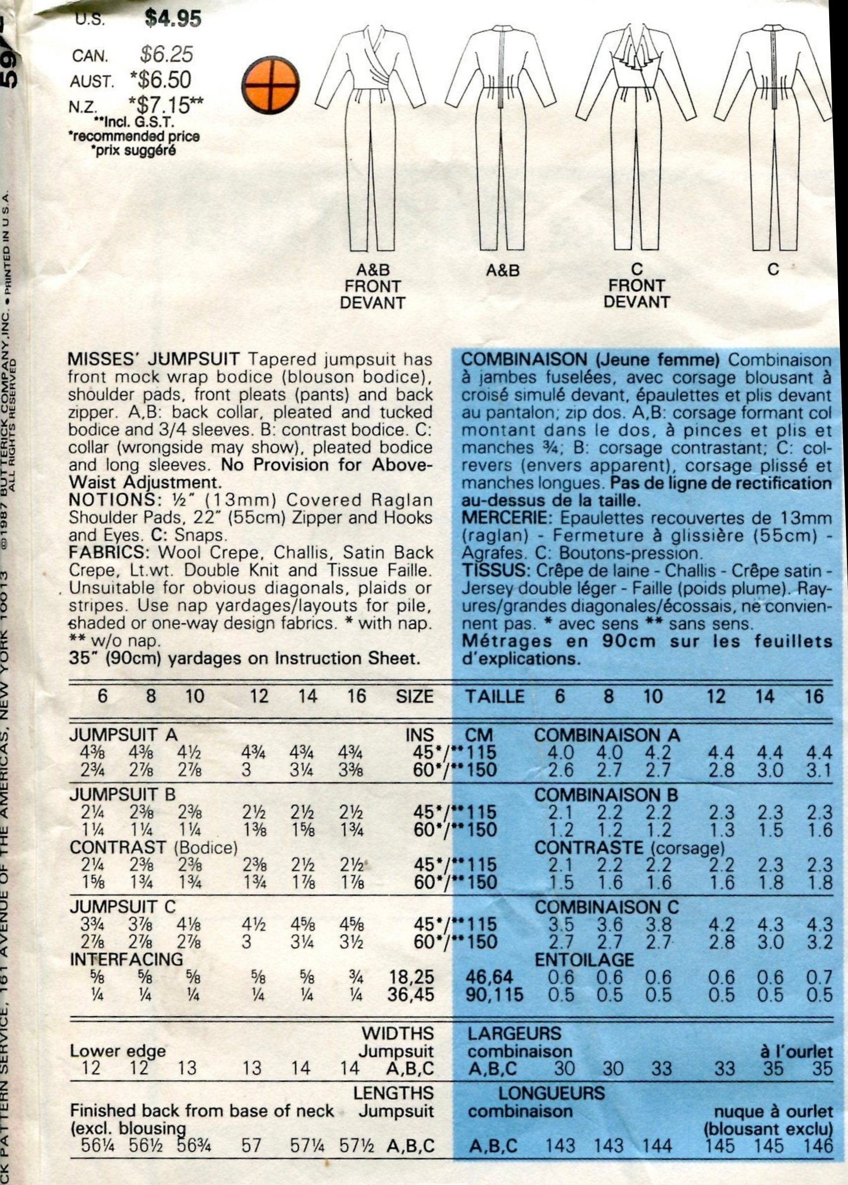 Butterick 5952 Sewing Pattern (Vintage) UNCUT
