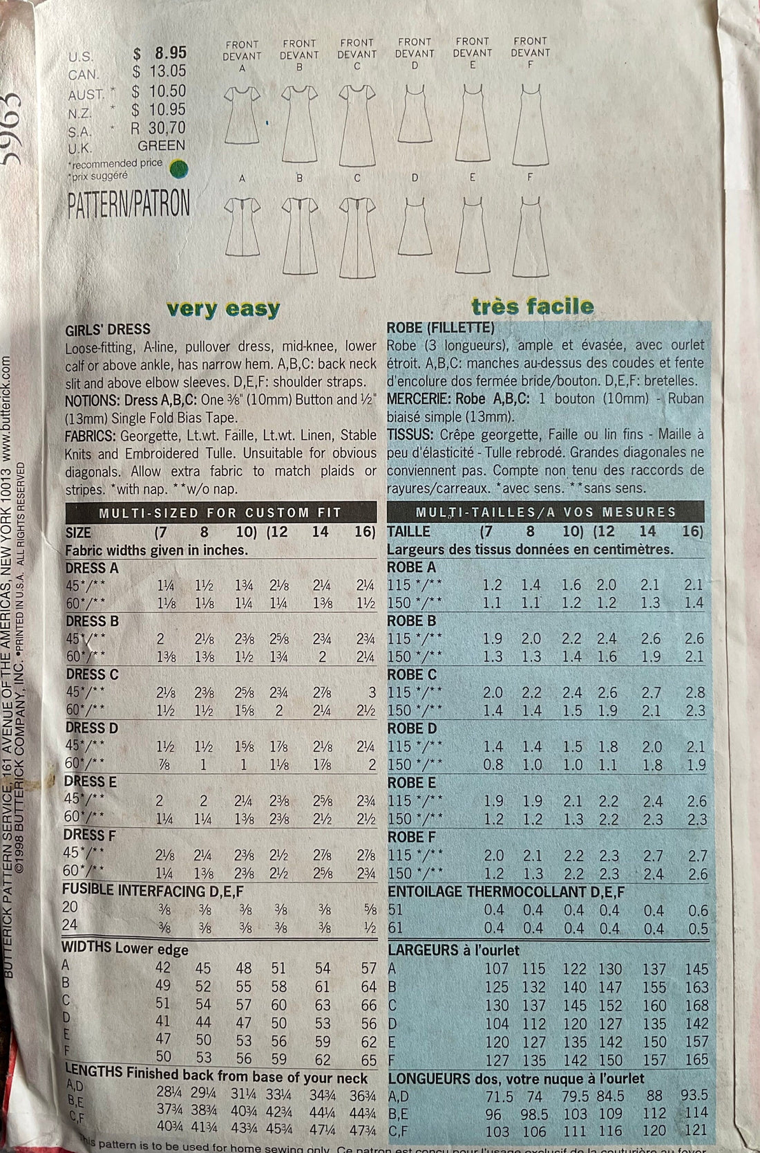 Butterick 5963 Sewing Pattern (Vintage) UNCUT