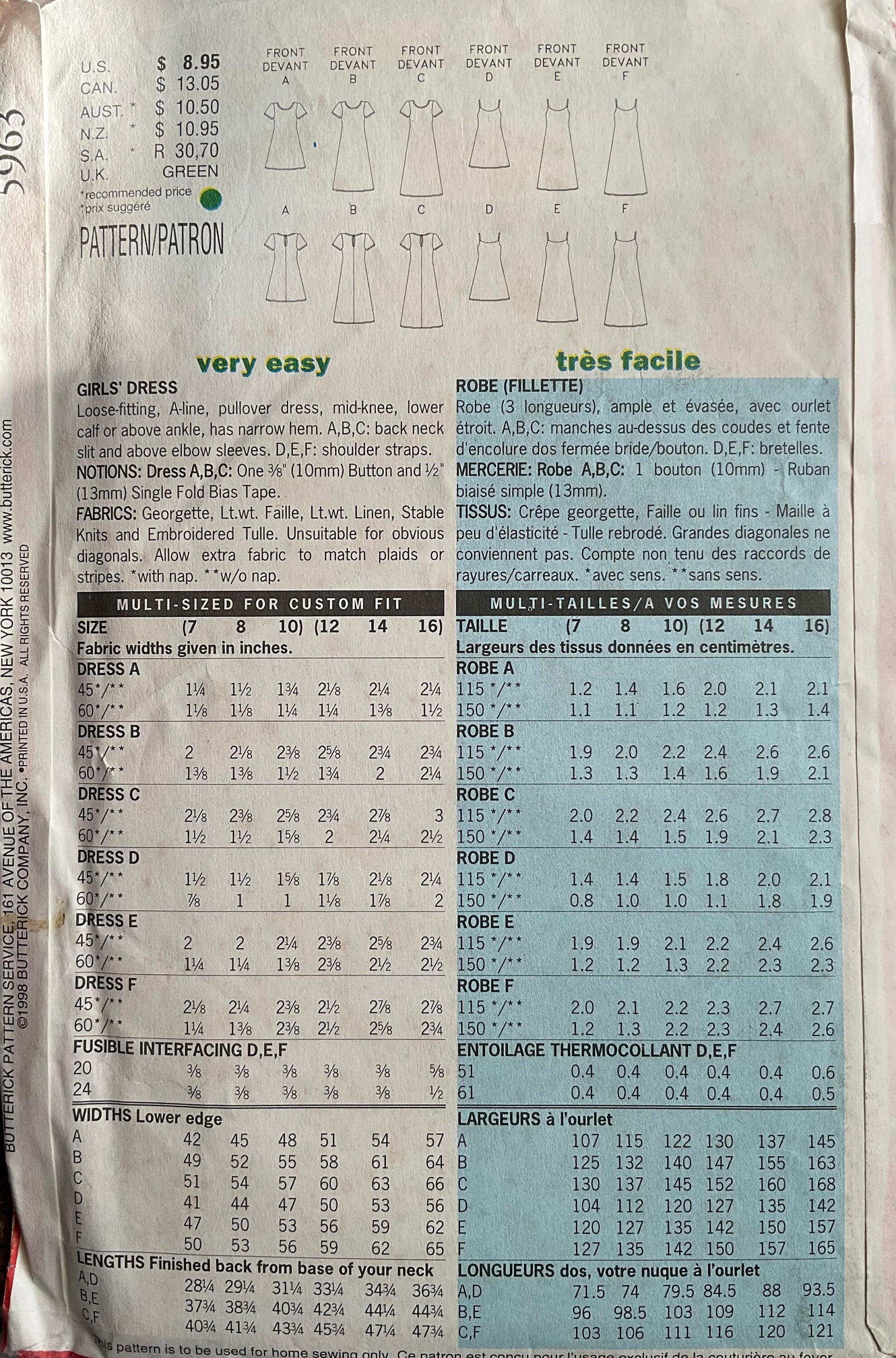 Butterick 5963 Sewing Pattern (Vintage) UNCUT