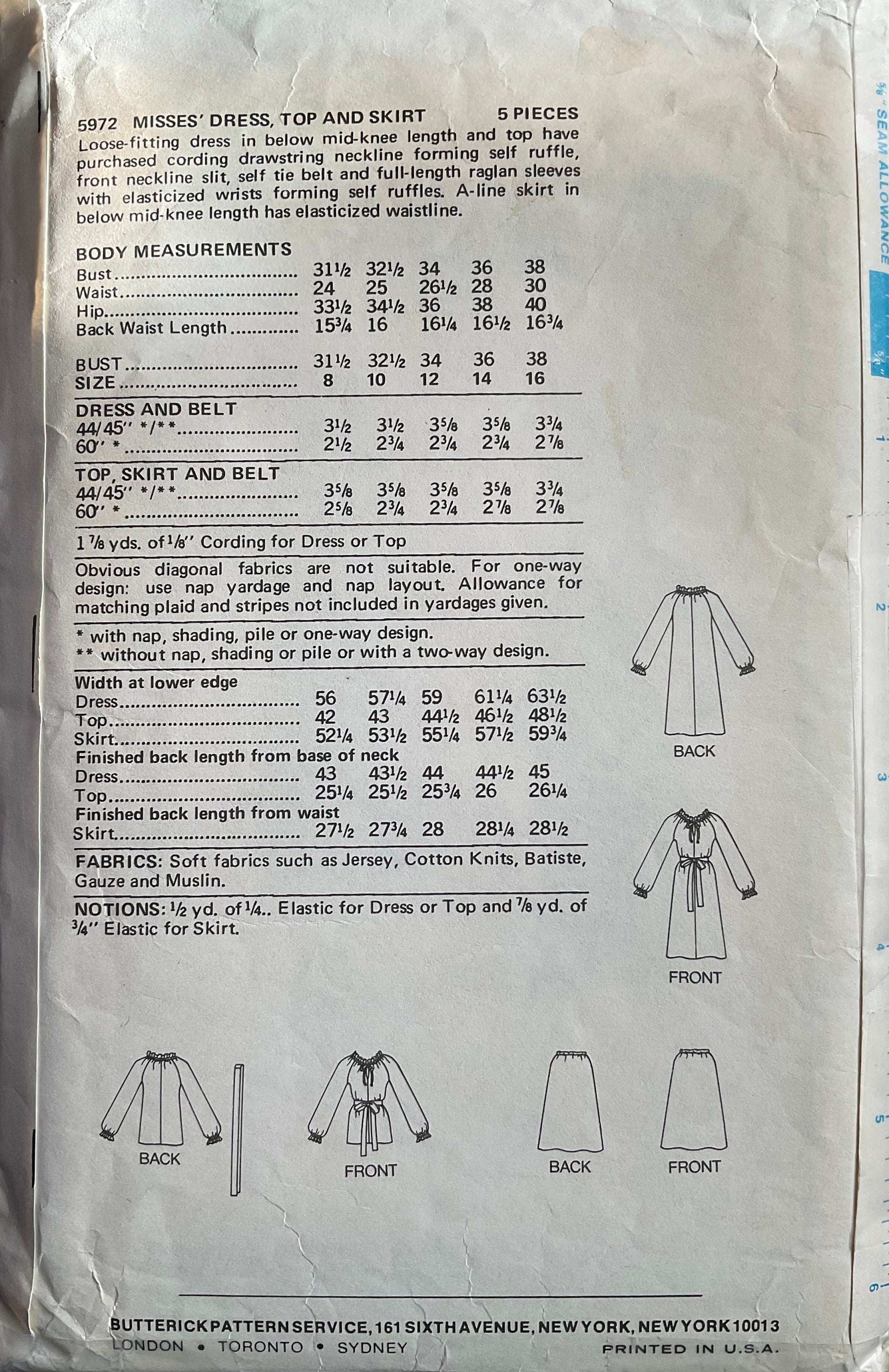 Butterick 5972 Sewing Pattern (Vintage) CUT