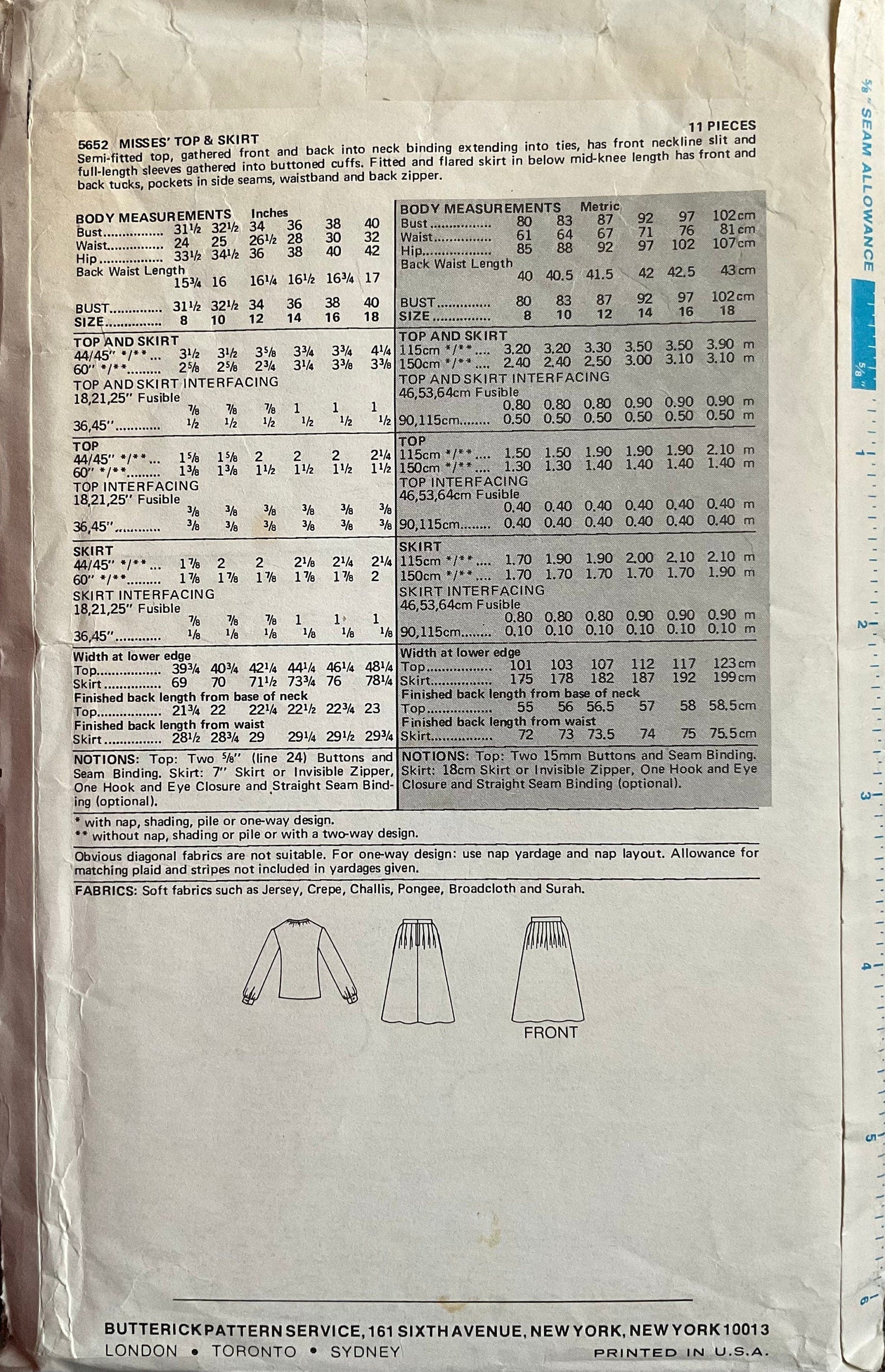 Butterick 5652 Sewing Pattern (Vintage) CUT