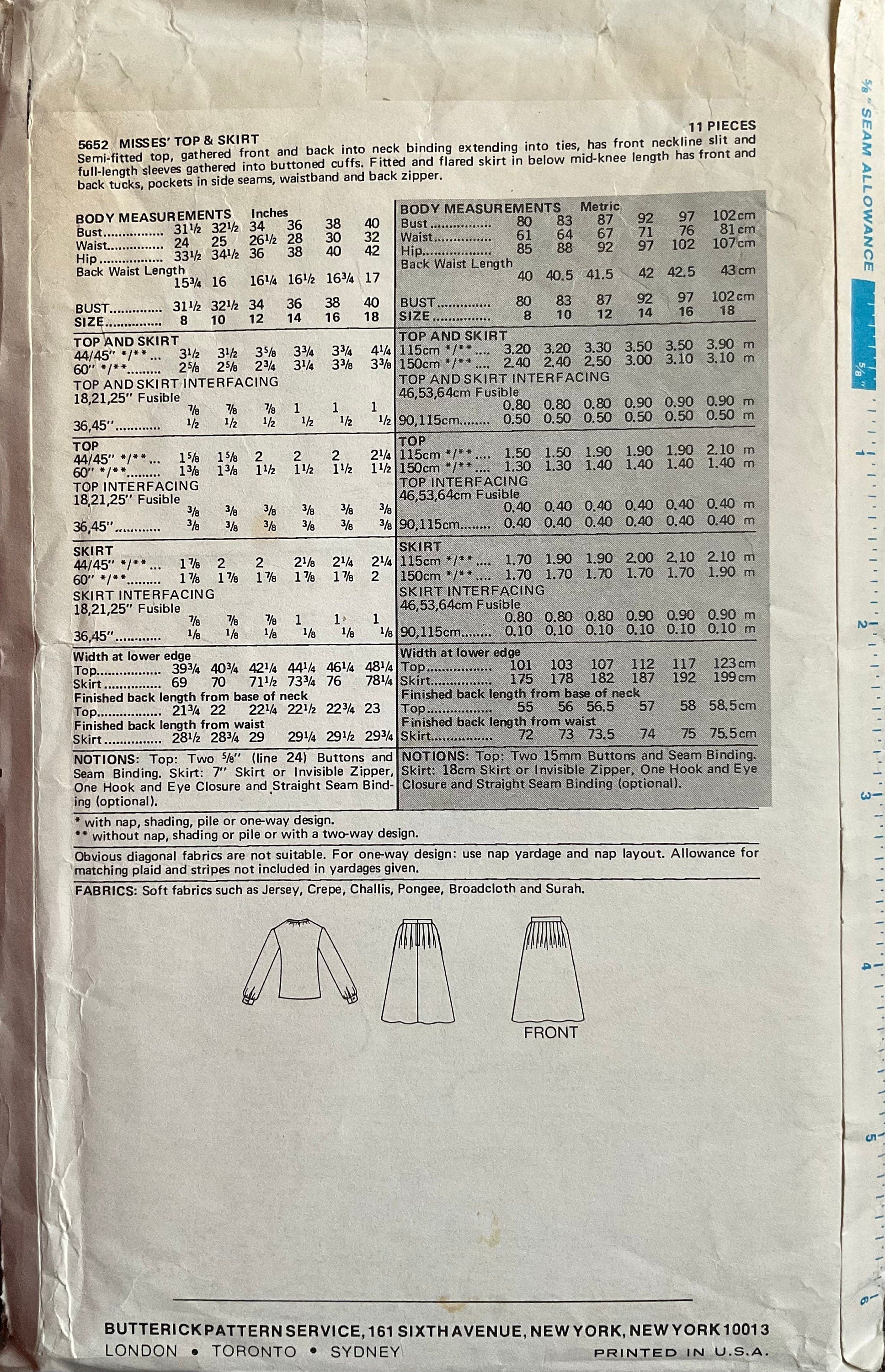 Butterick 5652 Sewing Pattern (Vintage) CUT