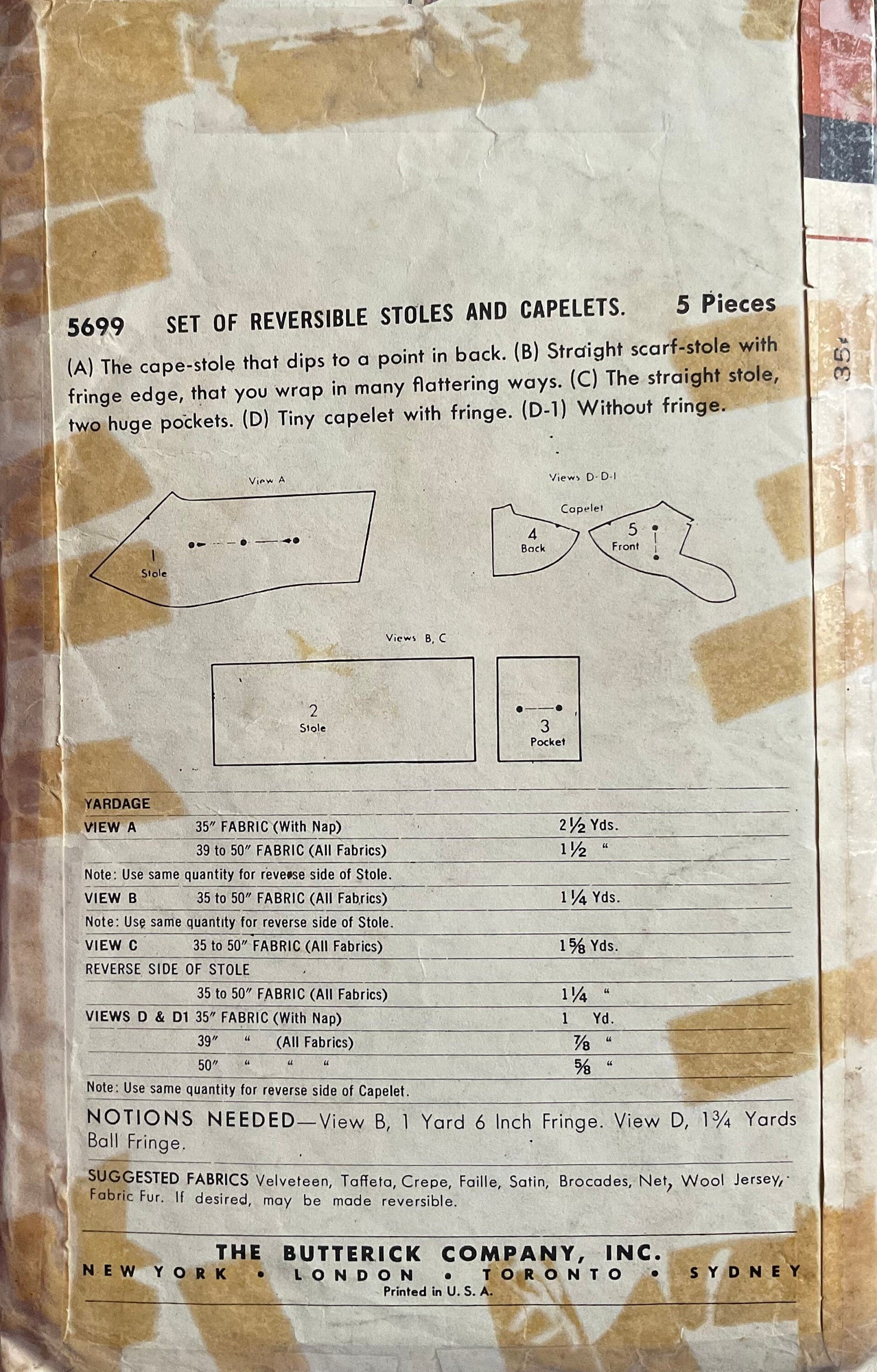 Butterick 5699 Sewing Pattern (Vintage) CUT