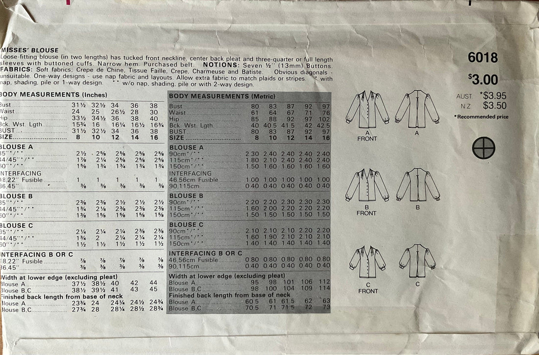 Butterick 6018 Sewing Pattern (Vintage) UNCUT