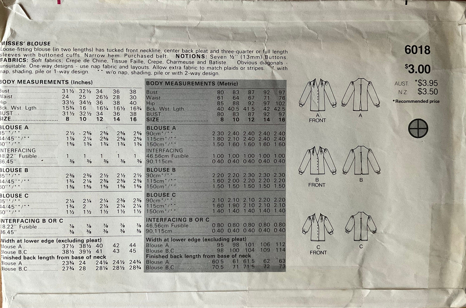 Butterick 6018 Sewing Pattern (Vintage) UNCUT