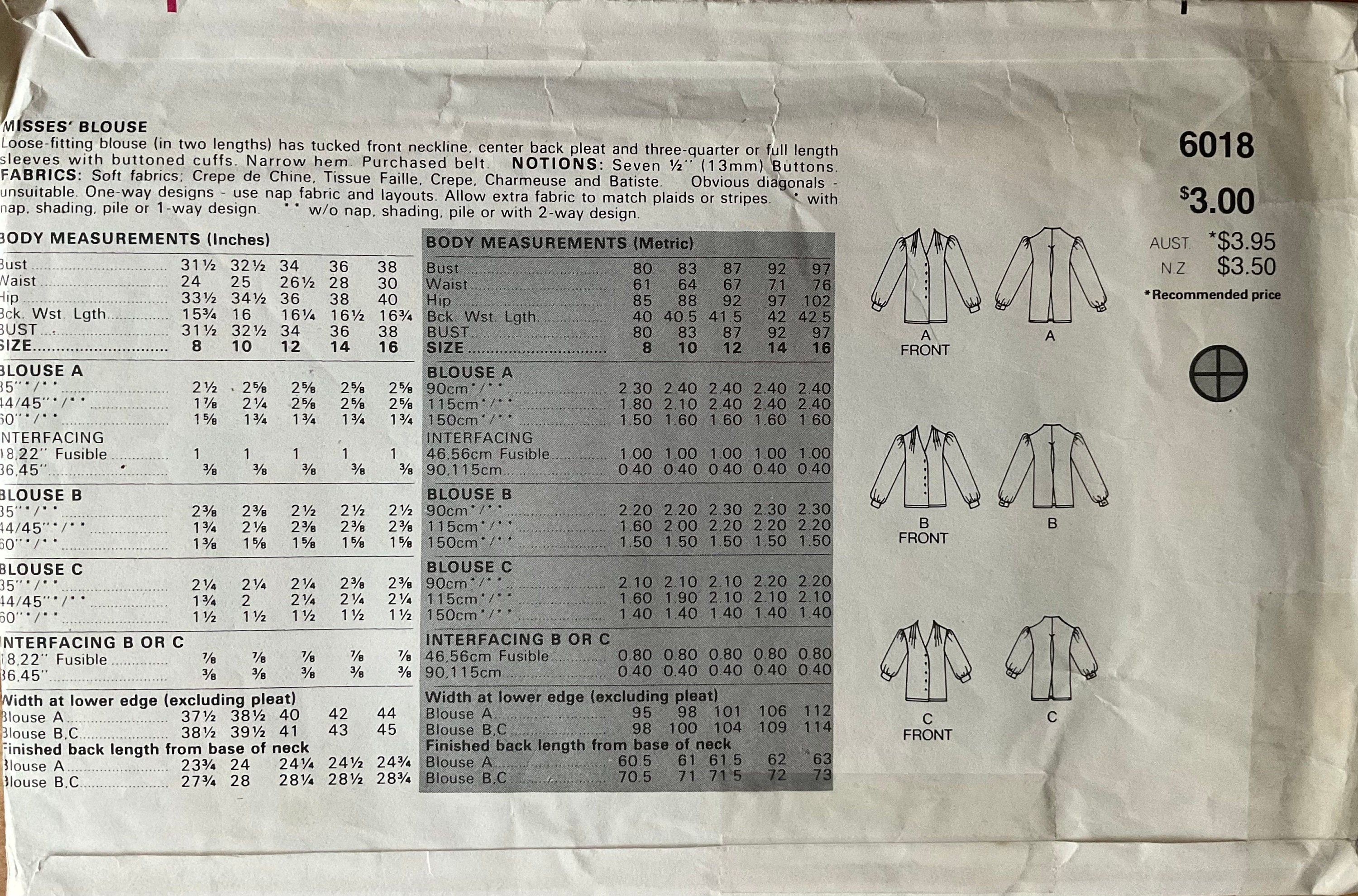Butterick 6018 Sewing Pattern (Vintage) UNCUT