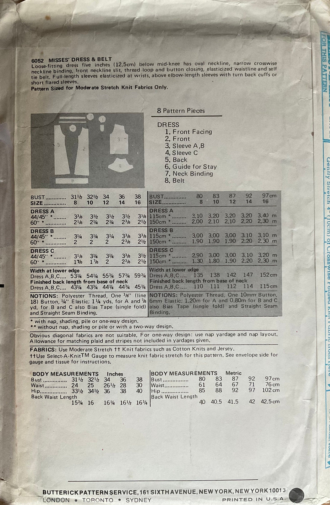 Butterick 6052 Sewing Pattern (Vintage) UNCUT