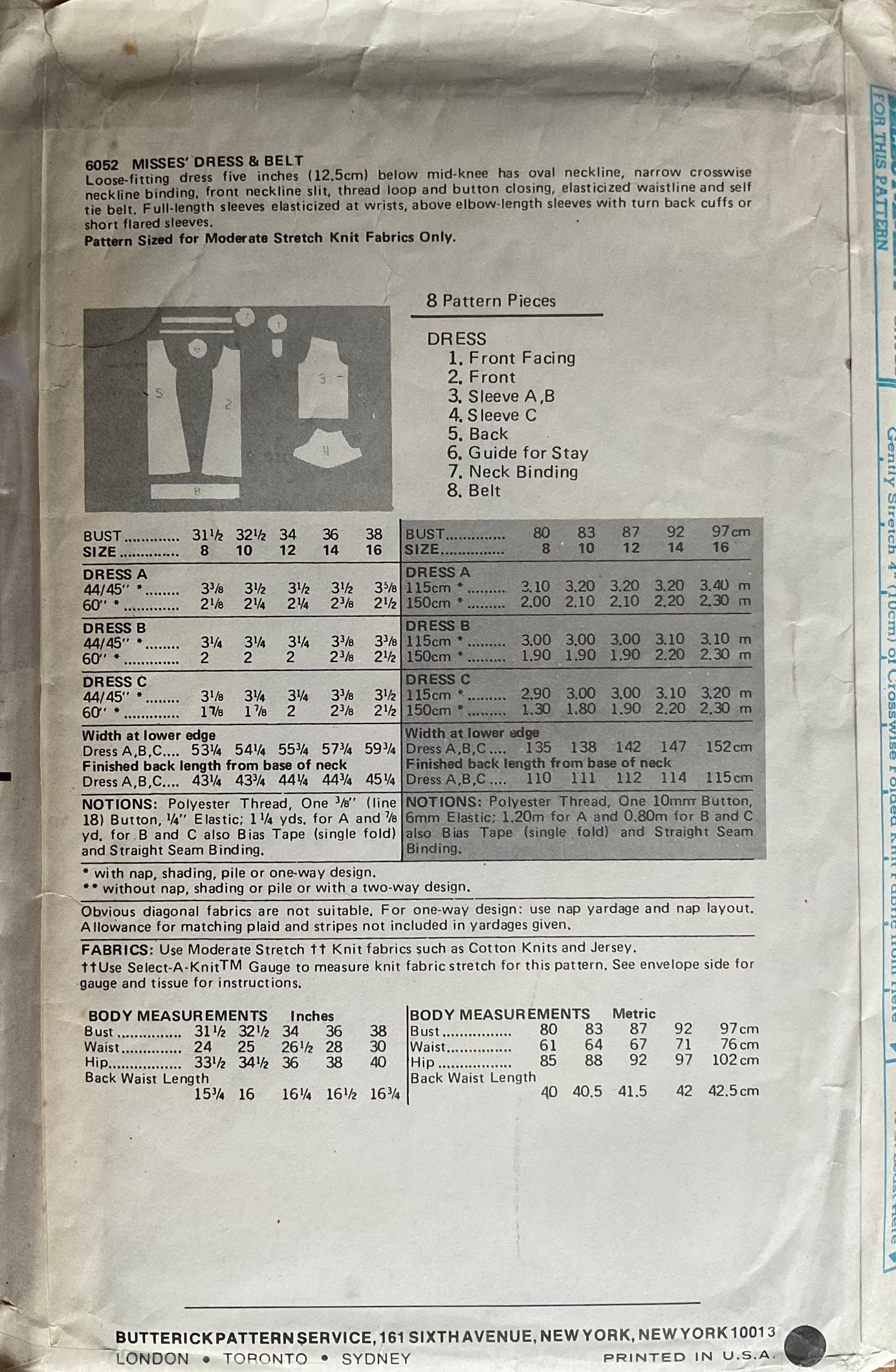Butterick 6052 Sewing Pattern (Vintage) UNCUT