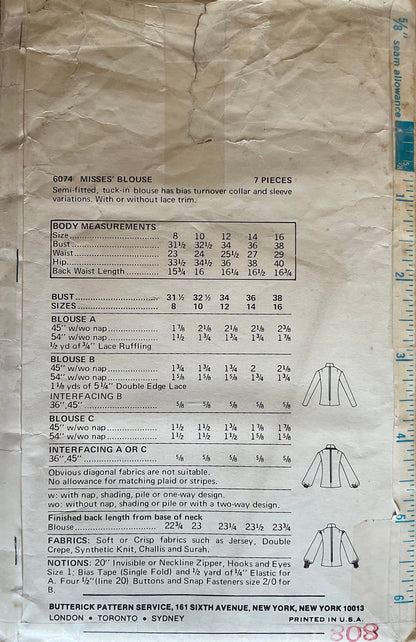 Butterick 6074 Sewing Pattern (Vintage) CUT