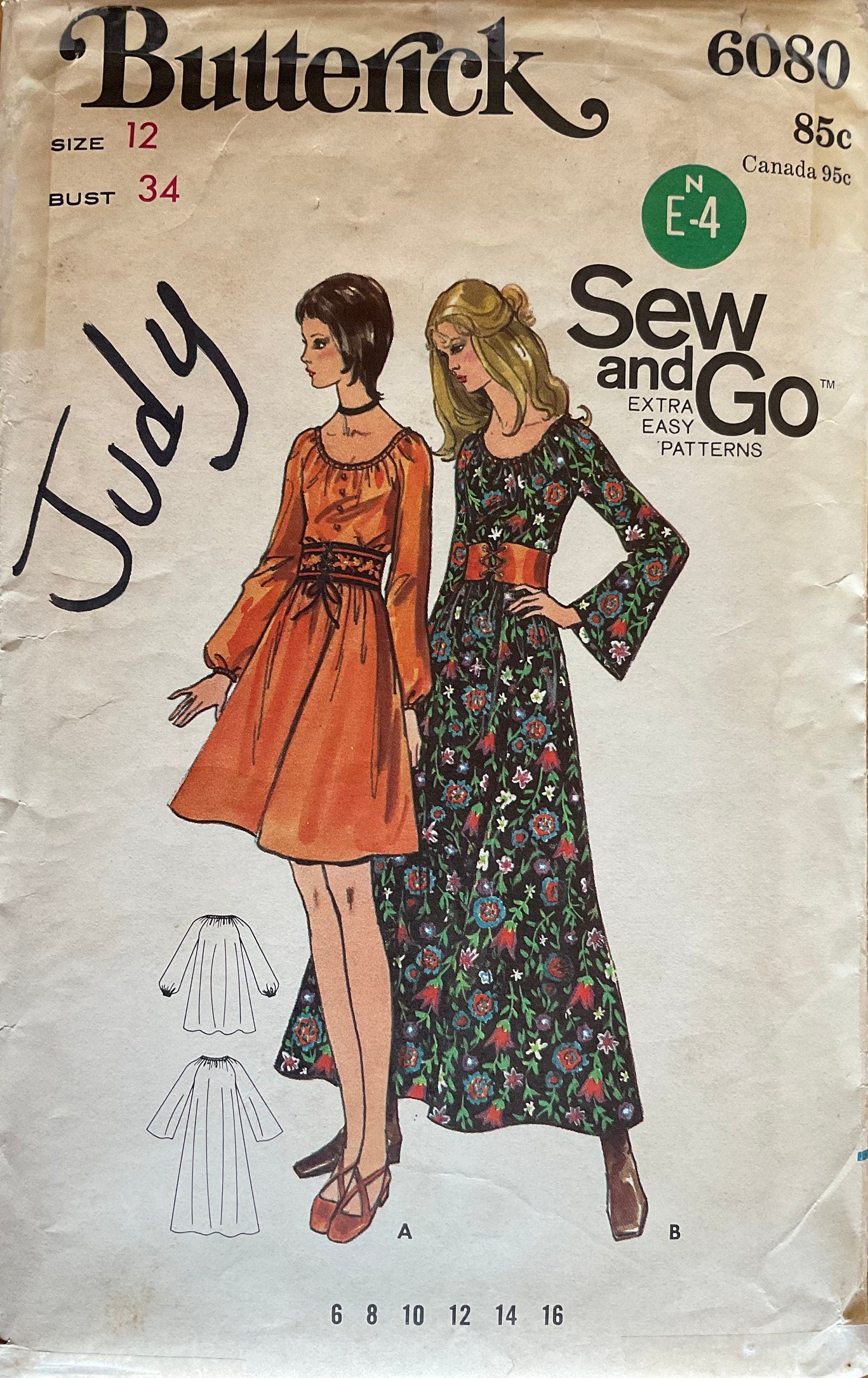 Butterick 6080 Sewing Pattern (Vintage) CUT