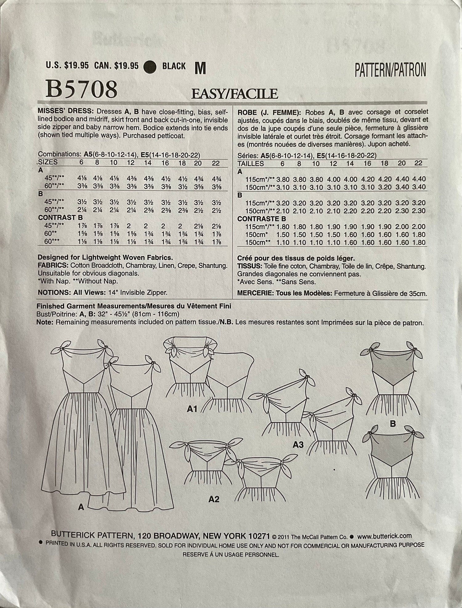 Butterick 5708 Sewing Pattern (Vntage) UNCUT