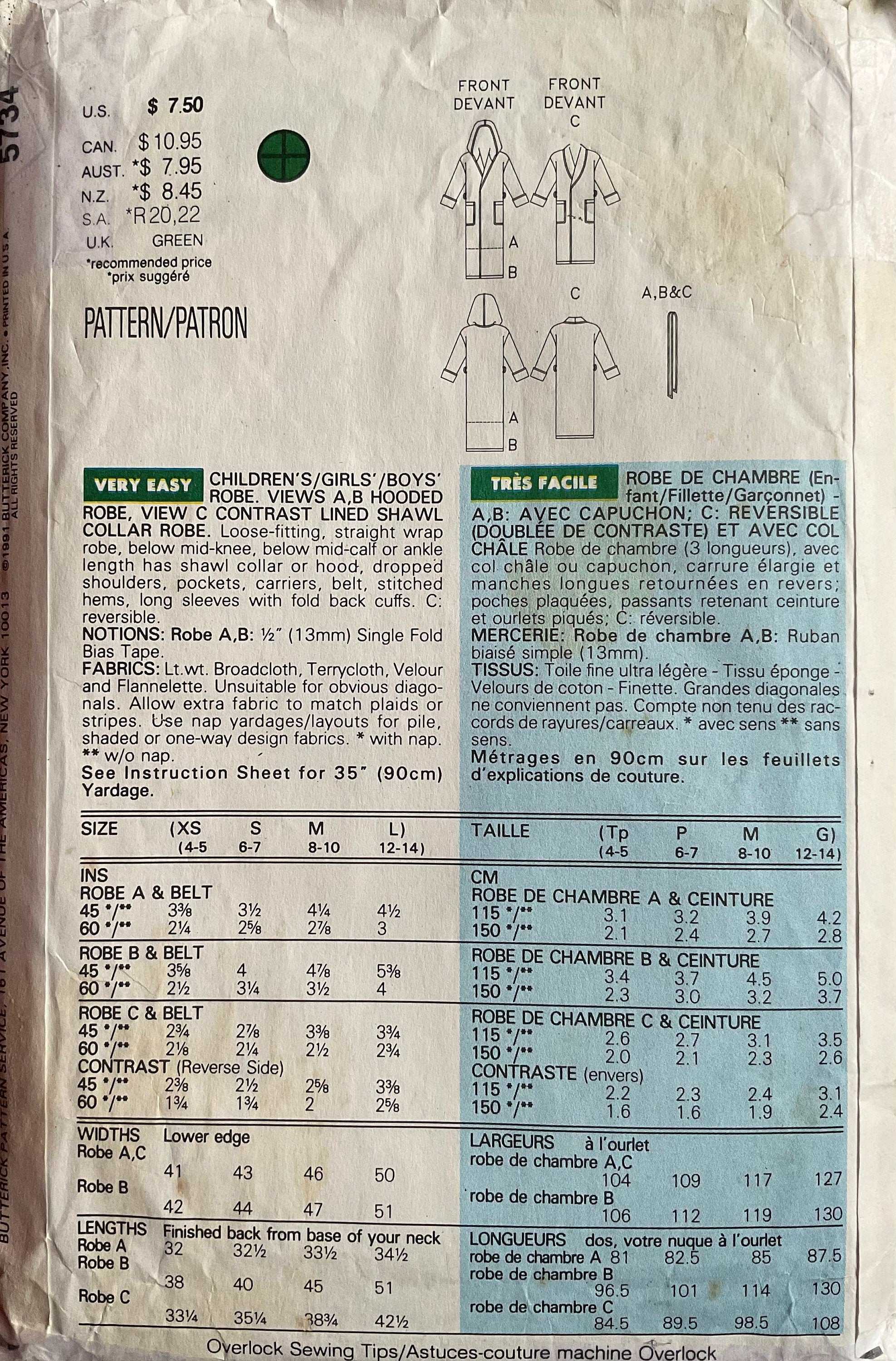 Butterick 5734 Sewing Pattern (Vintage) CUT