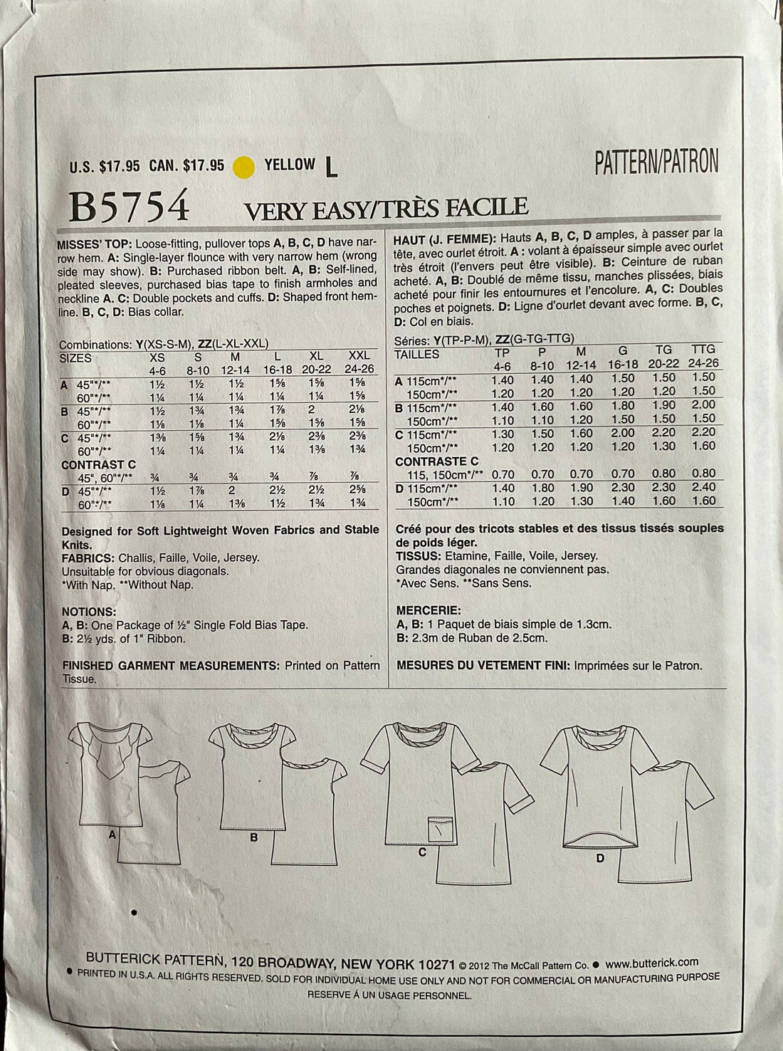 Butterick 5754 Sewing Pattern (Vintage) UNCUT