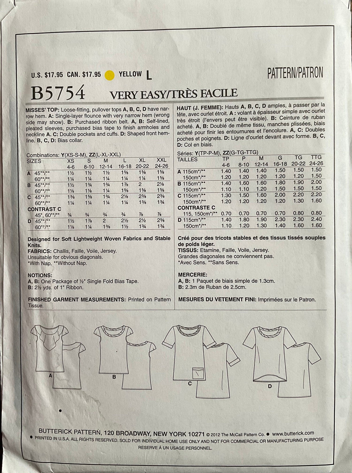 Butterick 5754 Sewing Pattern (Vintage) UNCUT
