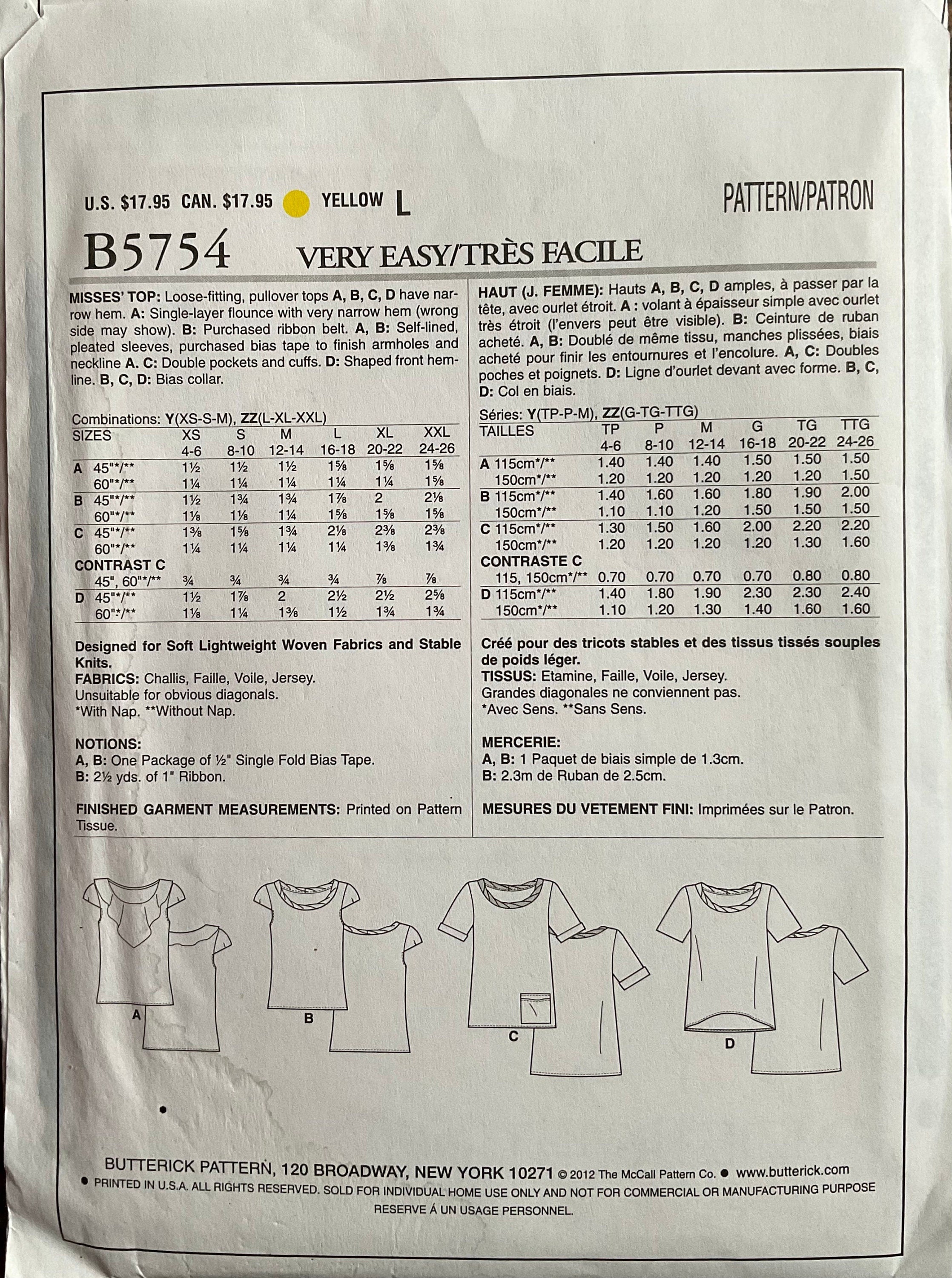 Butterick 5754 Sewing Pattern (Vintage) UNCUT