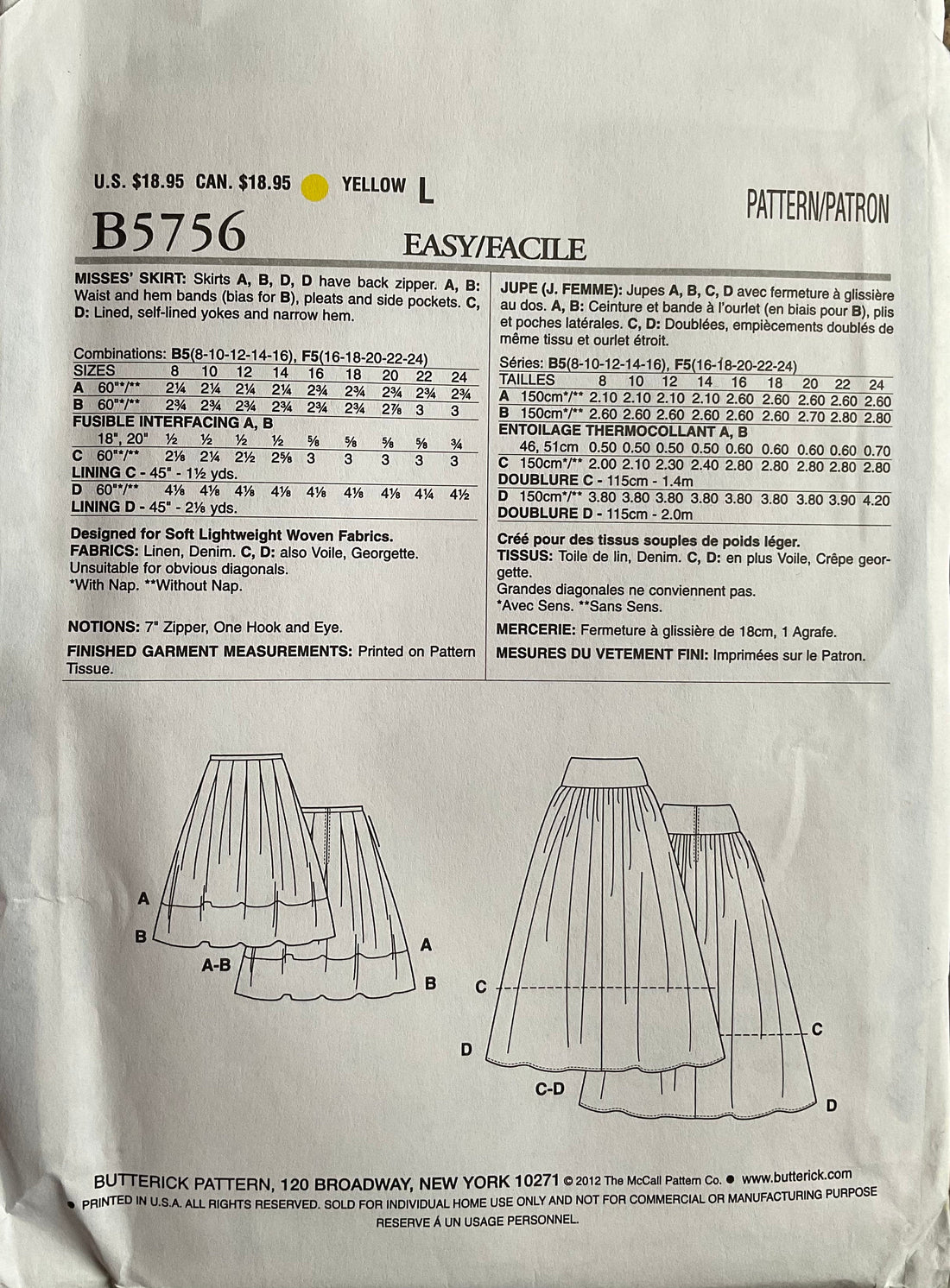 Butterick 5756 Sewing Pattern (Vintage) UNCUT