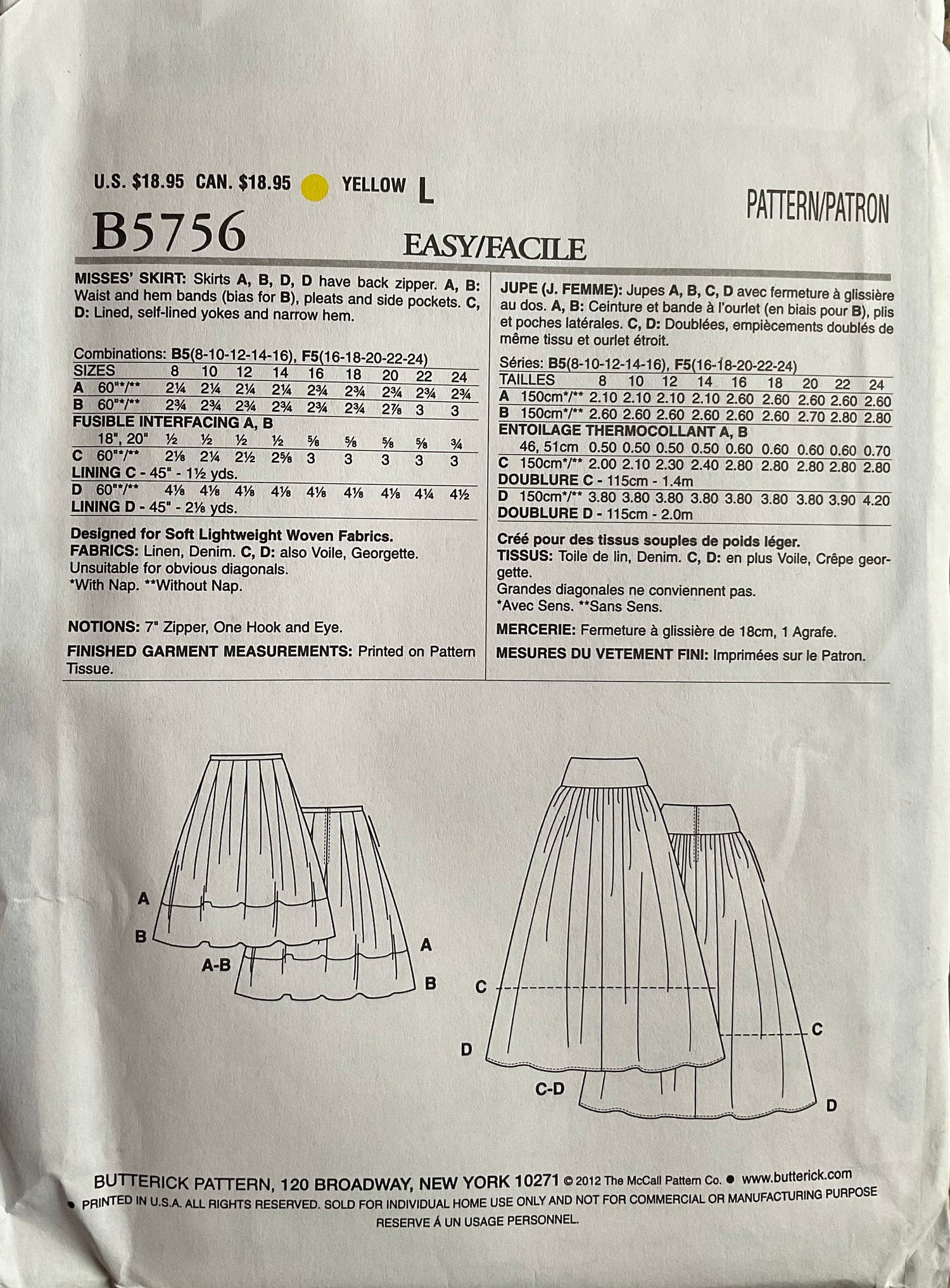 Butterick 5756 Sewing Pattern (Vintage) UNCUT