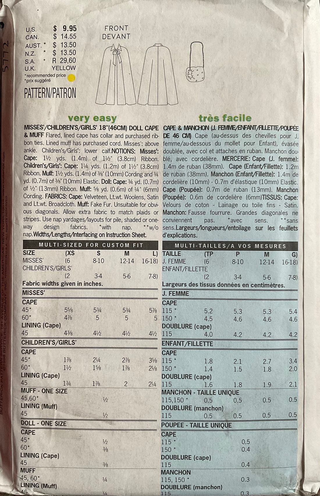 Butterick 5772 Sewing Pattern (Vintage) UNCUT