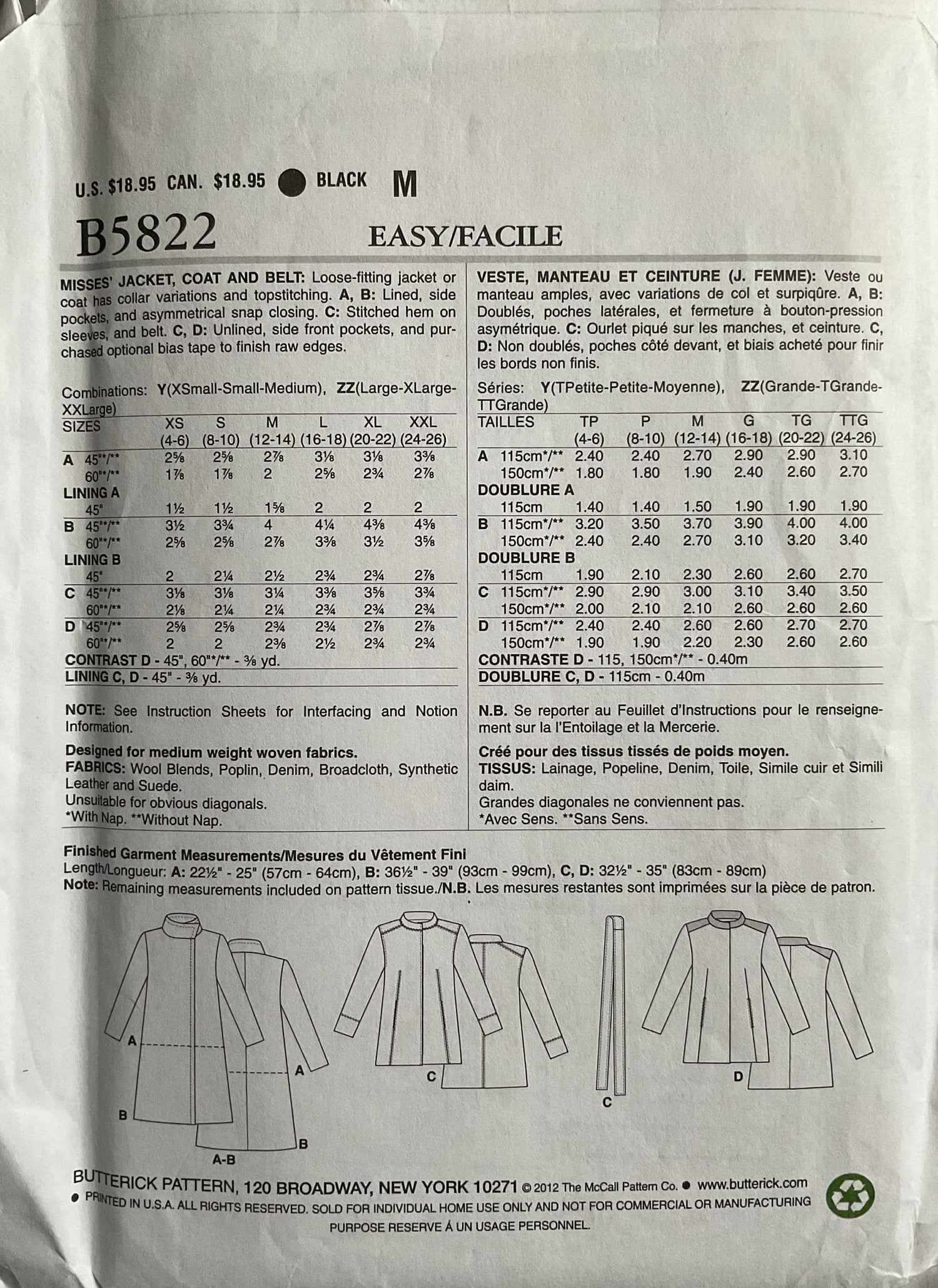 Butterick 5822 Sewing Pattern (Vintage) UNCUT