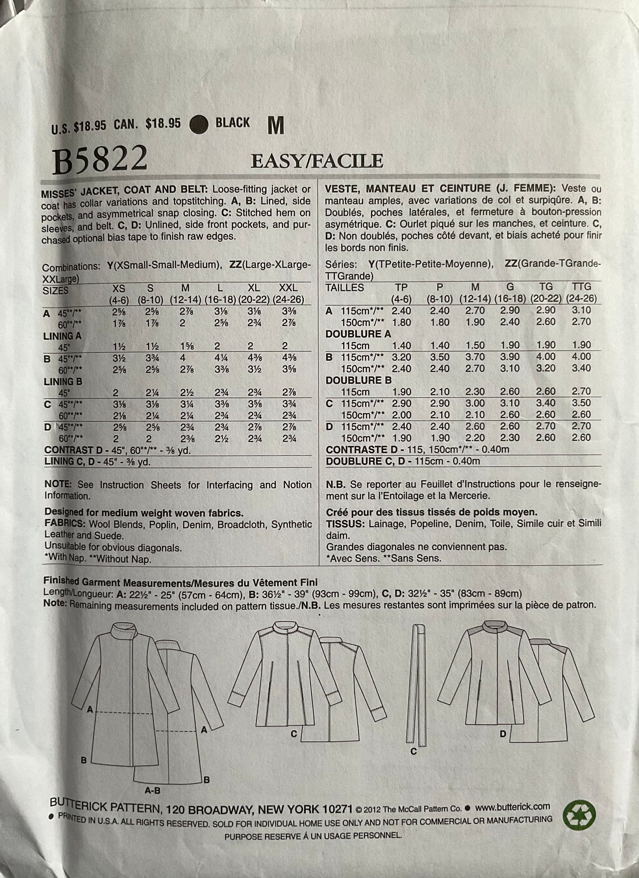 Butterick 5822 Sewing Pattern (Vintage) UNCUT