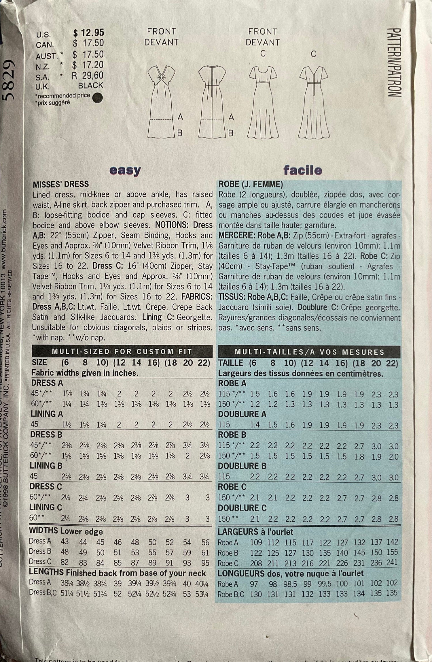 Butterick 5829 Sewing Pattern (Vintage) UNCUT