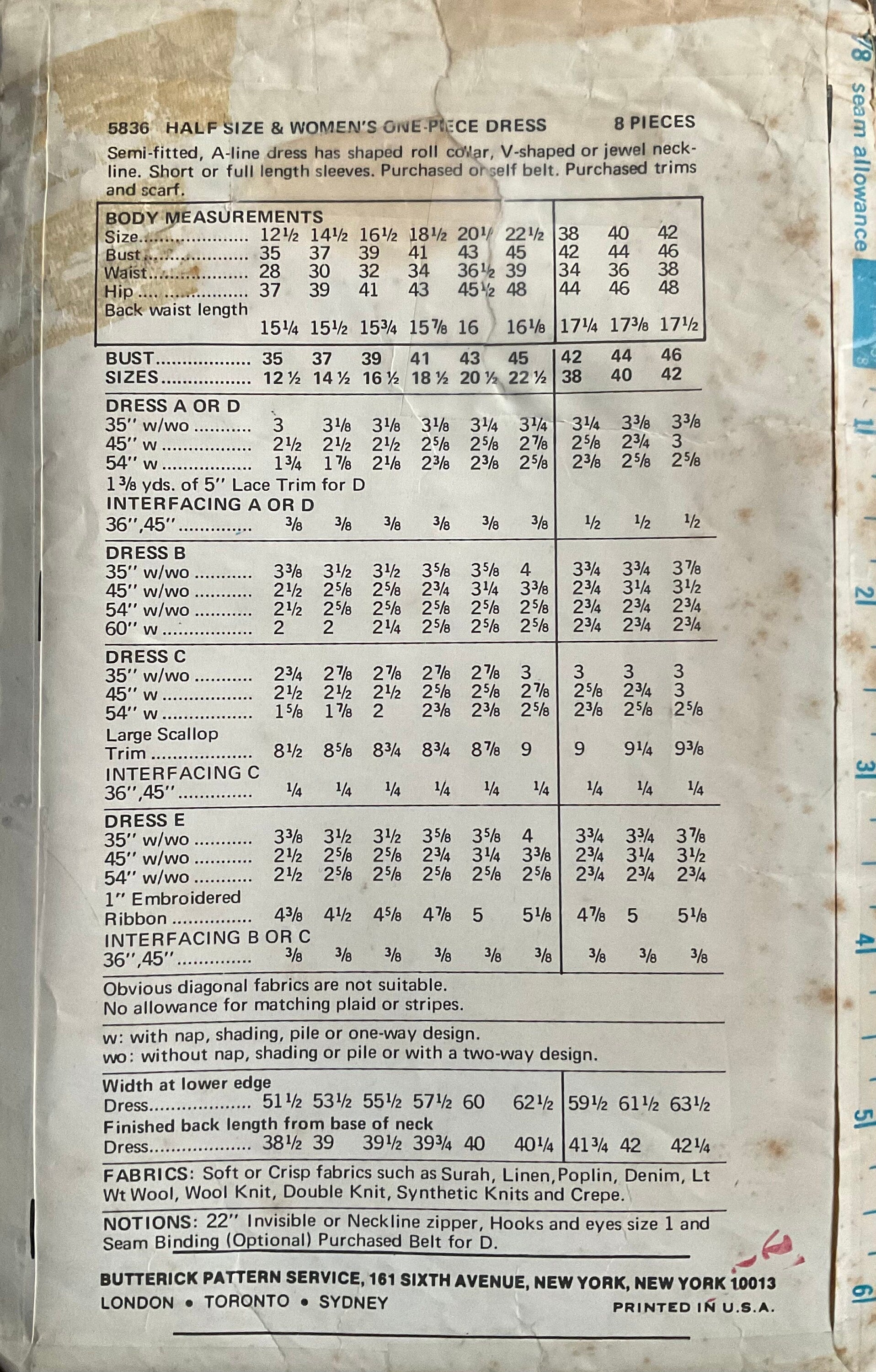 Butterick 5836 Sewing Pattern (Vintage) CUT