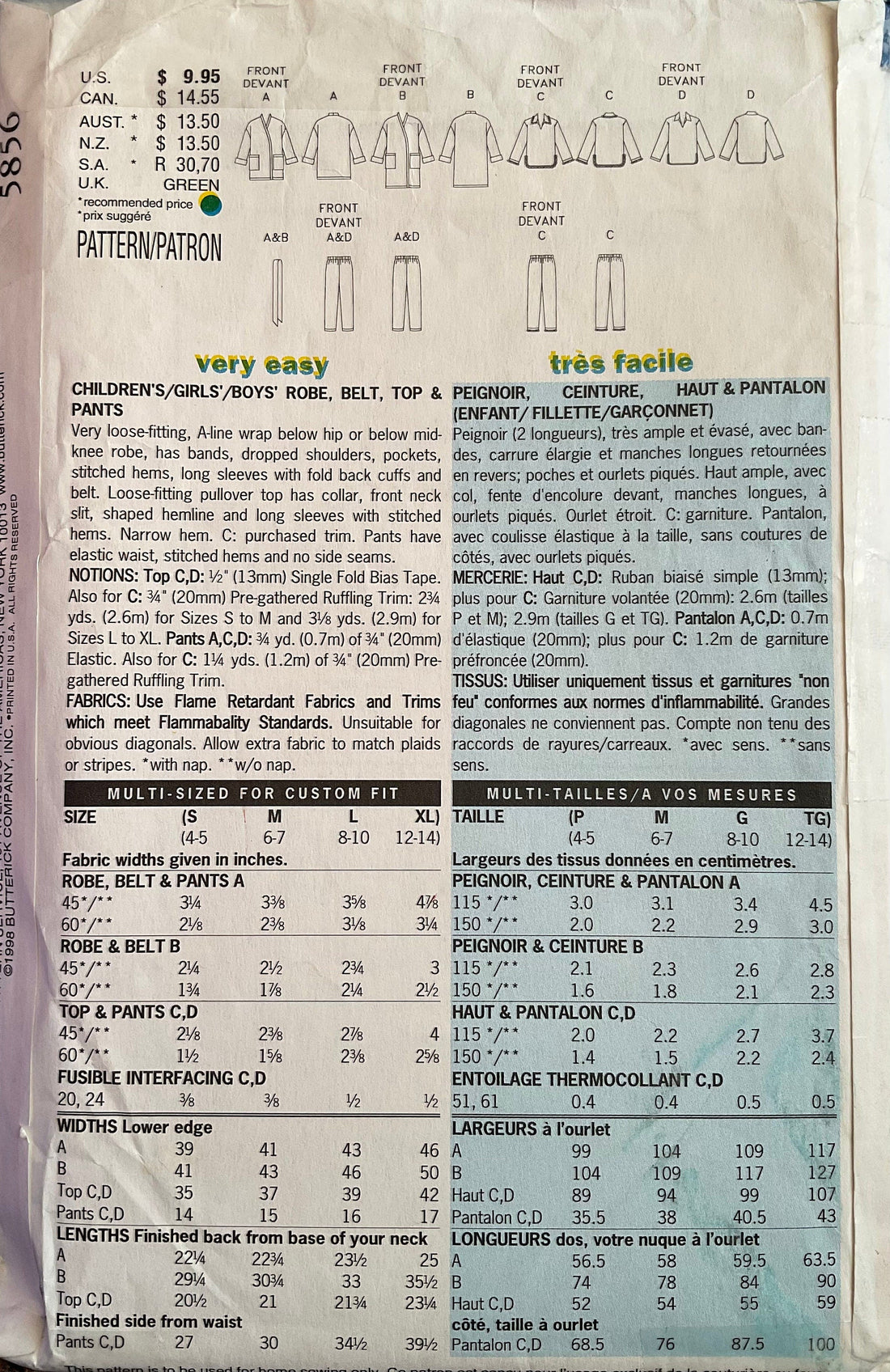 Butterick 5856 Sewing Pattern (Vintage) CUT