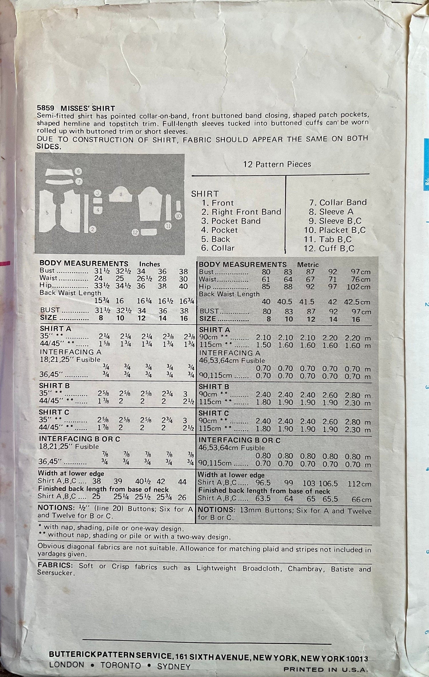 Butterick 5859 Sewing Pattern (Vintage) CUT