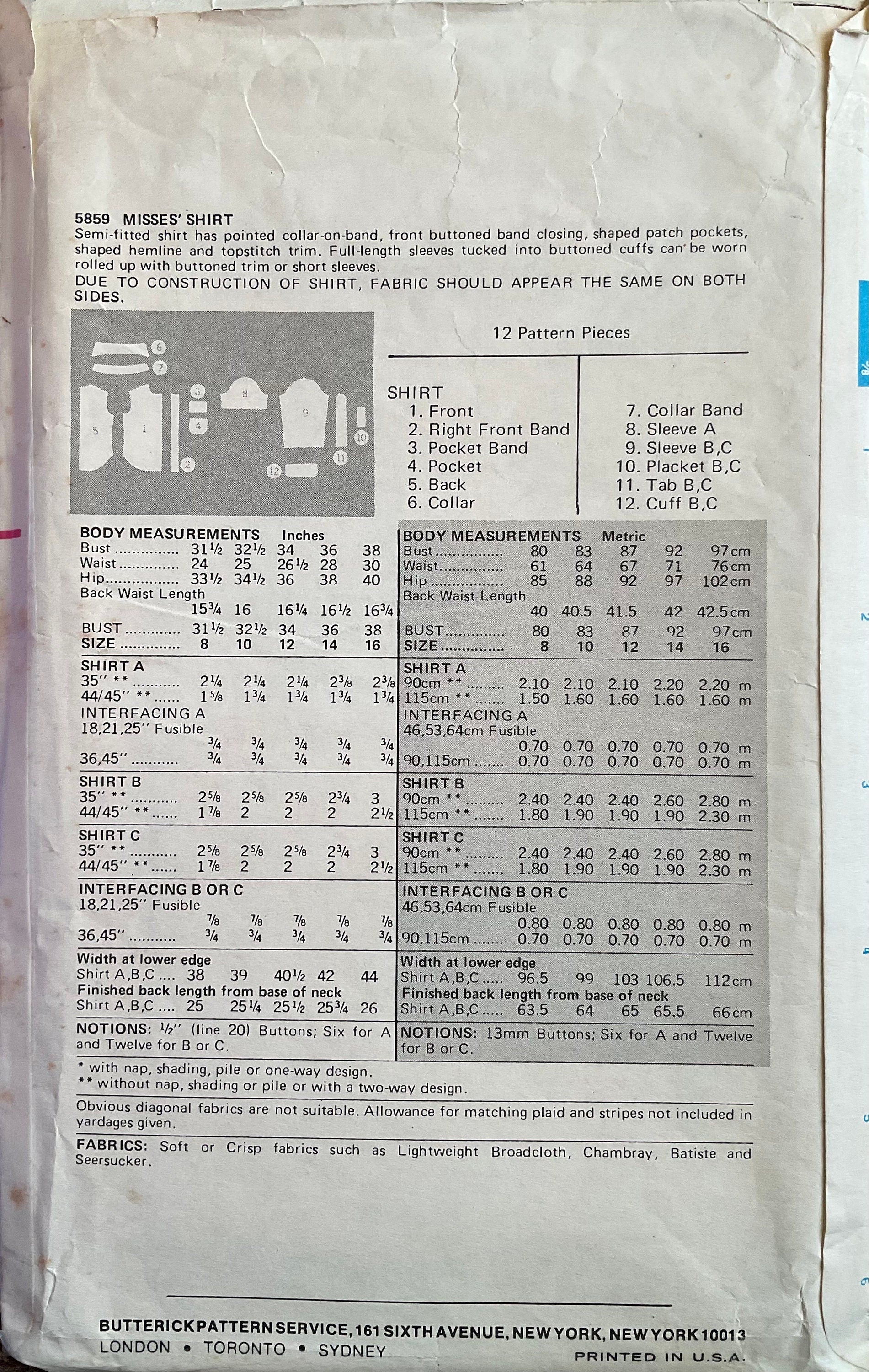 Butterick 5859 Sewing Pattern (Vintage) CUT