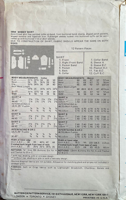 Butterick 5859 Sewing Pattern (Vintage) CUT