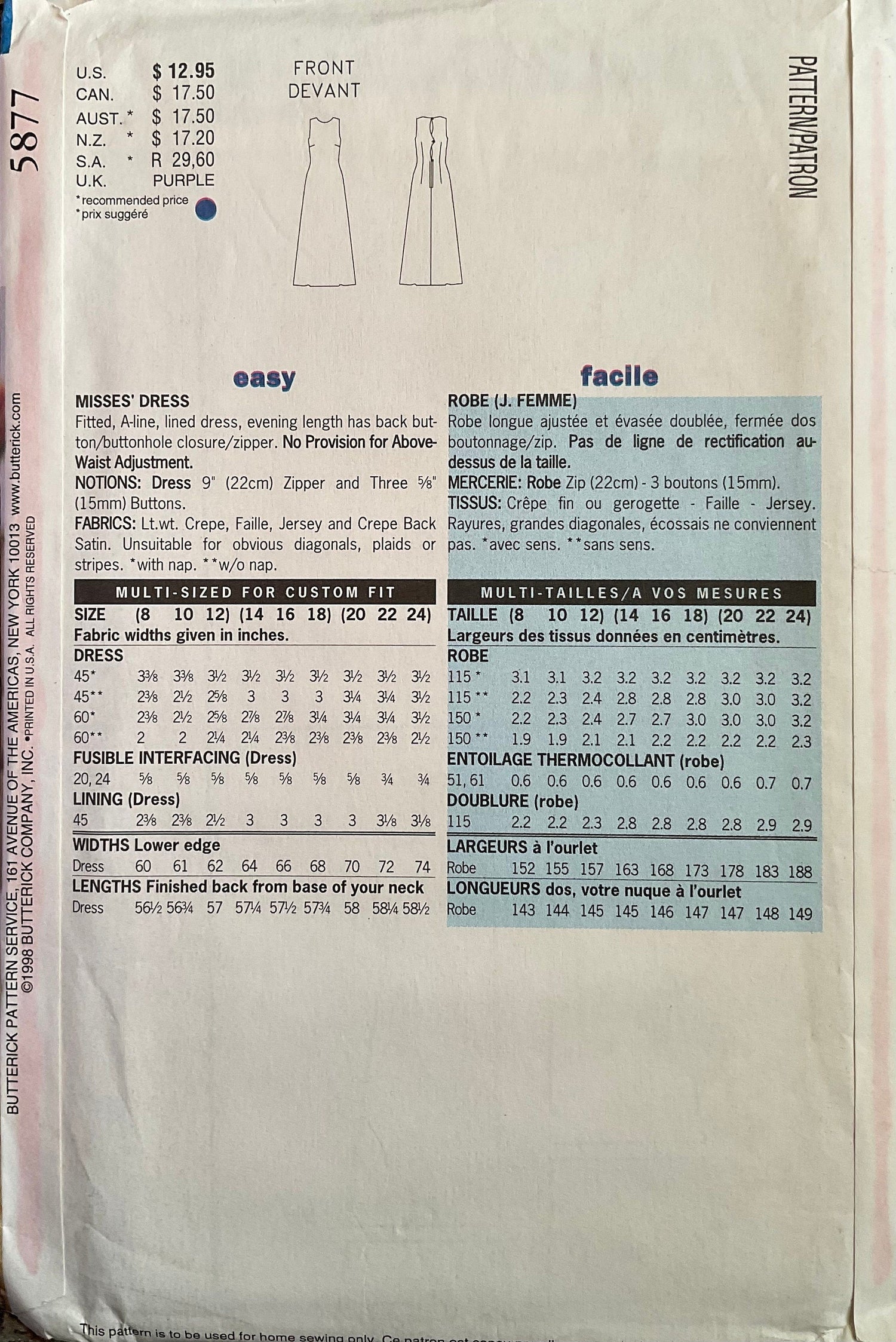 Butterick 5877 Sewing Pattern (Vintage) UNCUT