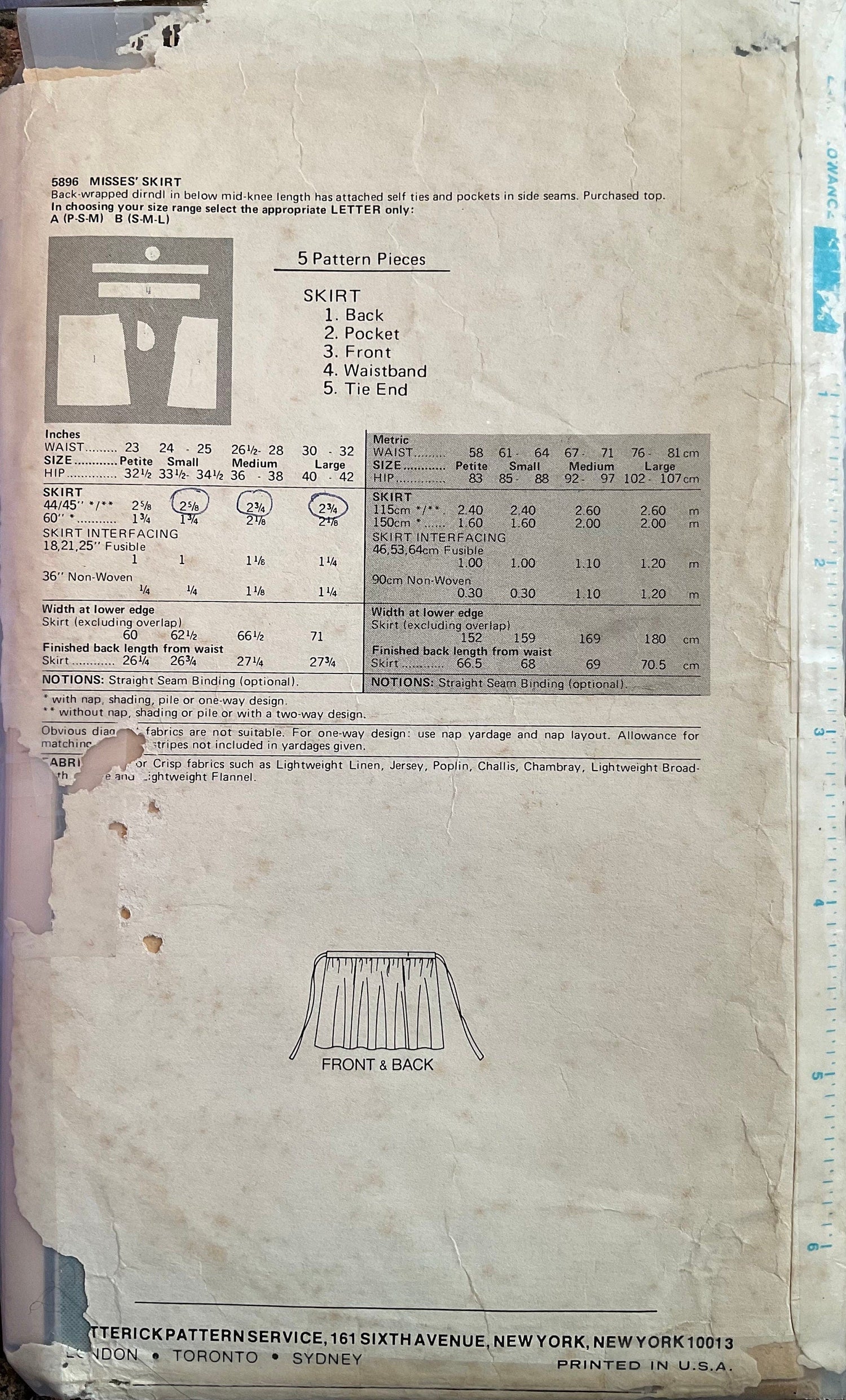 Butterick 5896 Sewing Pattern (Vintage) CUT