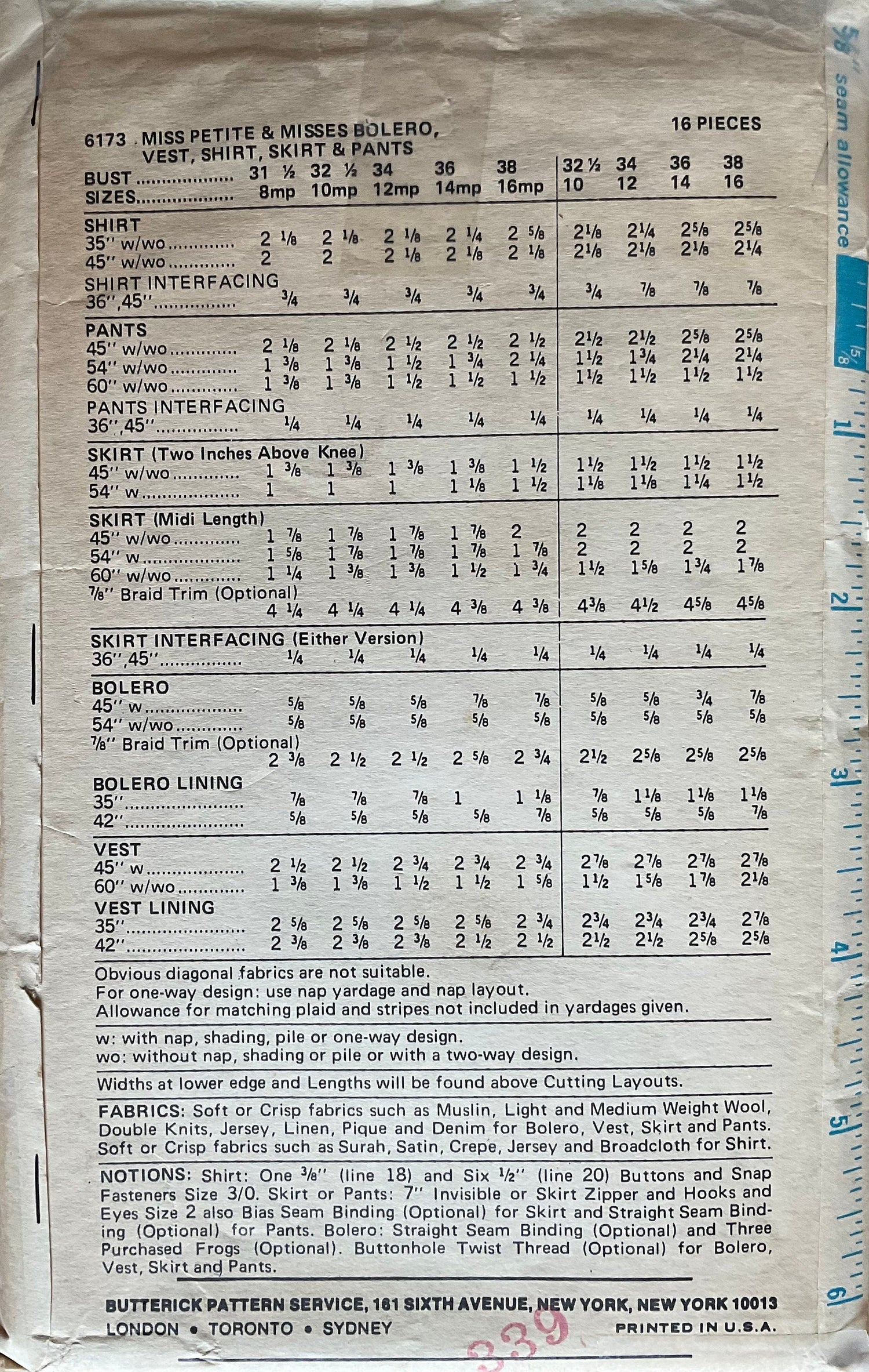 Butterick 6173 Sewing Pattern (Vintage) CUT