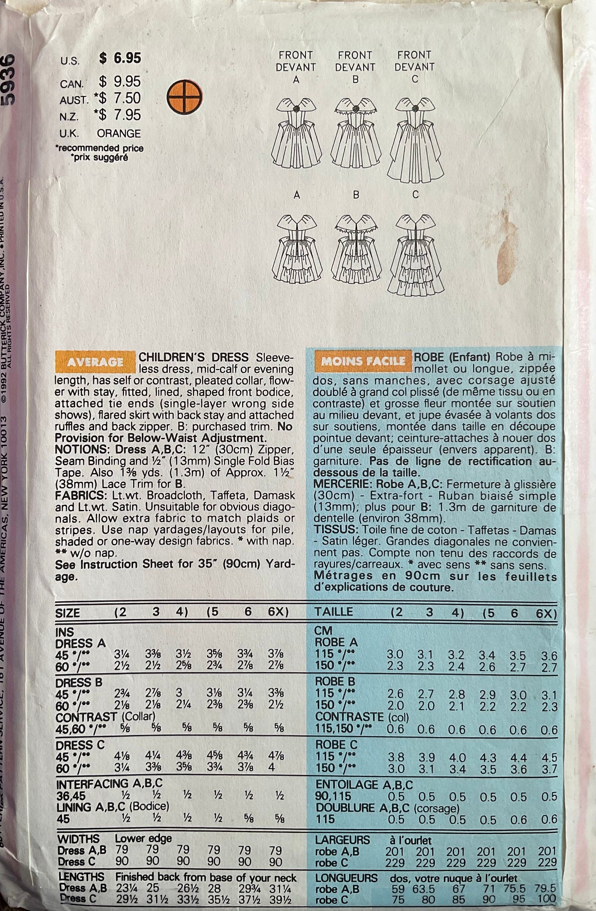 Butterick 5936 Sewing Pattern (Vintage) CUT