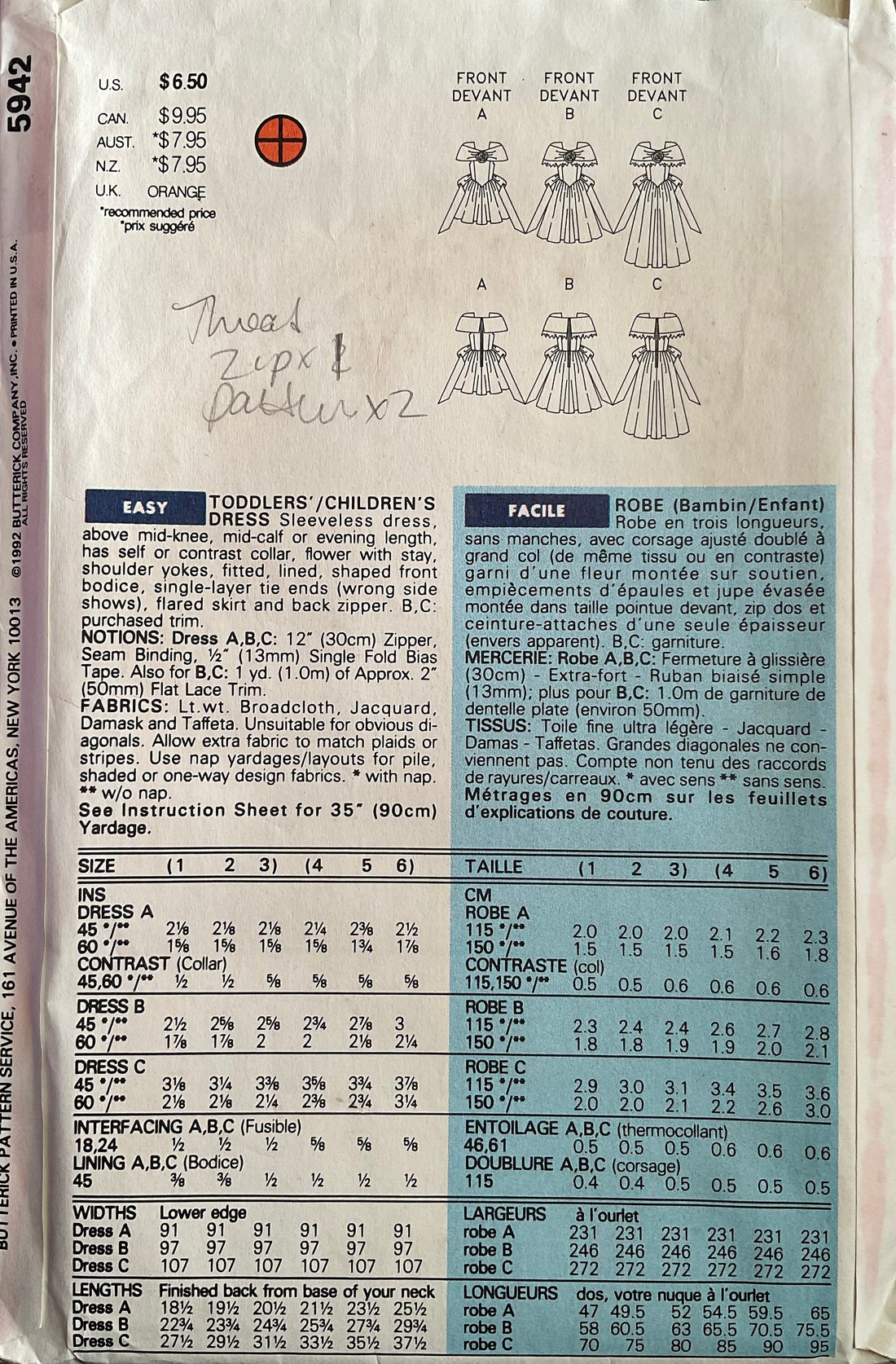 Butterick 5942 Sewing Pattern (Vintage) CUT