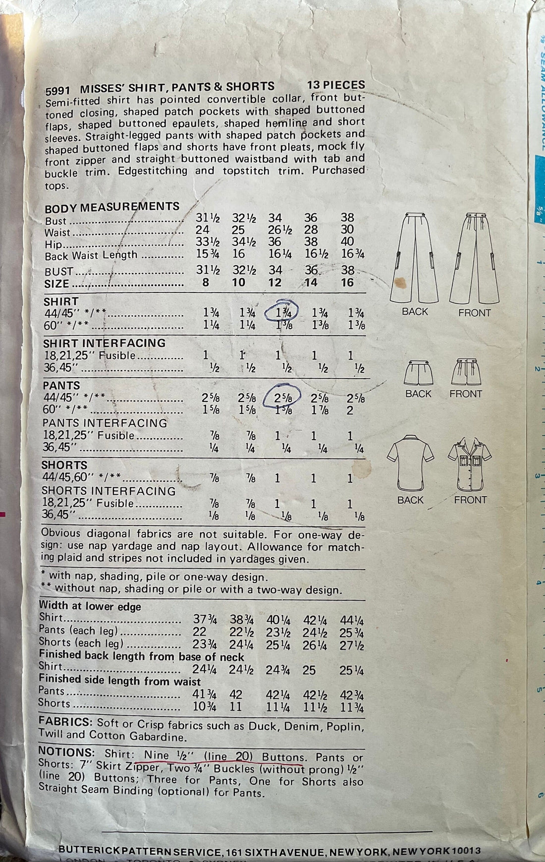 Butterick 5991 Sewing Pattern (Vintage) CUT