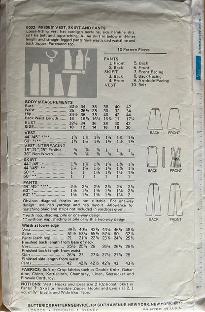 Butterick 6032 Sewing Pattern (Vintage) UNCUT