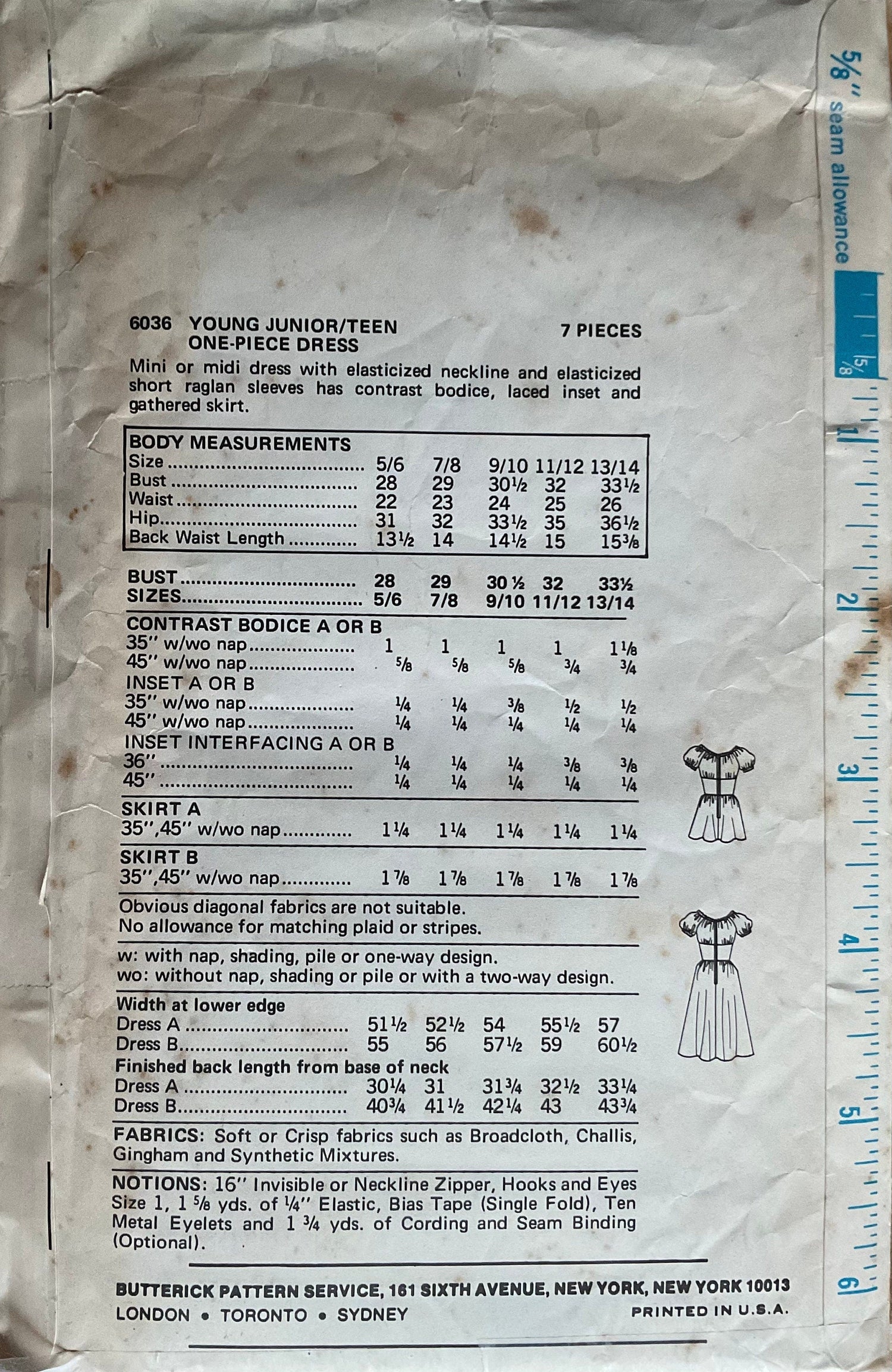 Butterick 6036 Sewing Pattern (Vintage) UNCUT