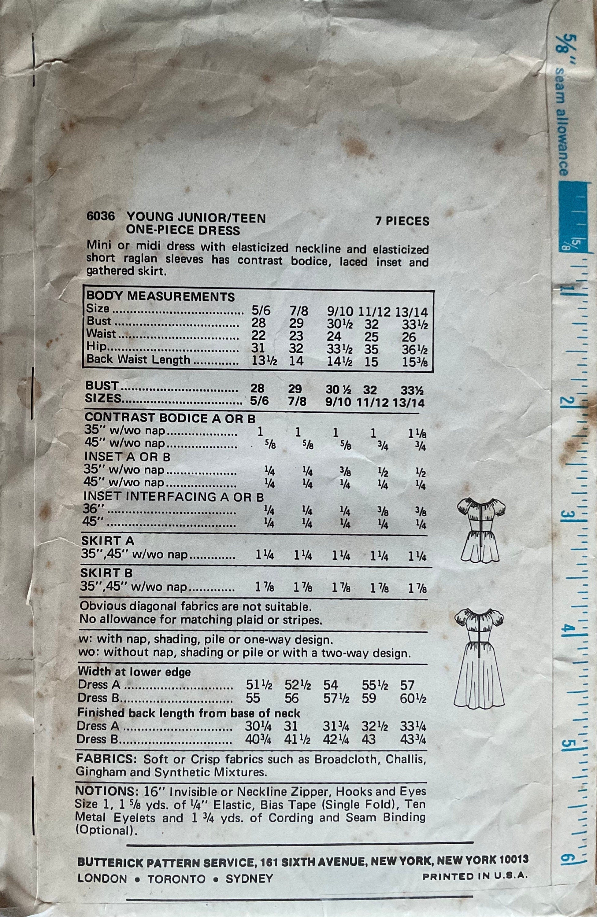Butterick 6036 Sewing Pattern (Vintage) UNCUT