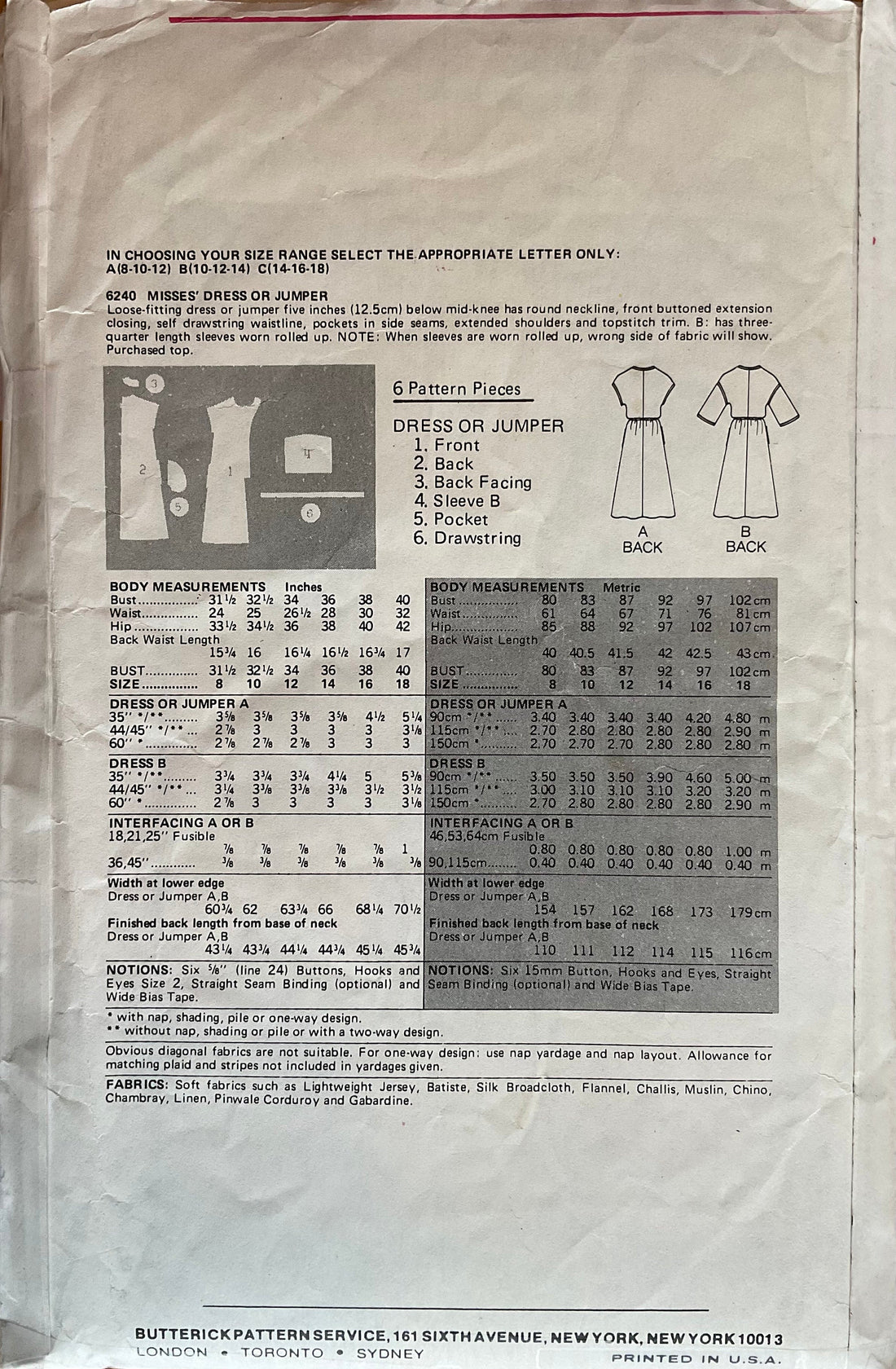 Butterick 6240 Sewing Pattern (Vintage) CUT