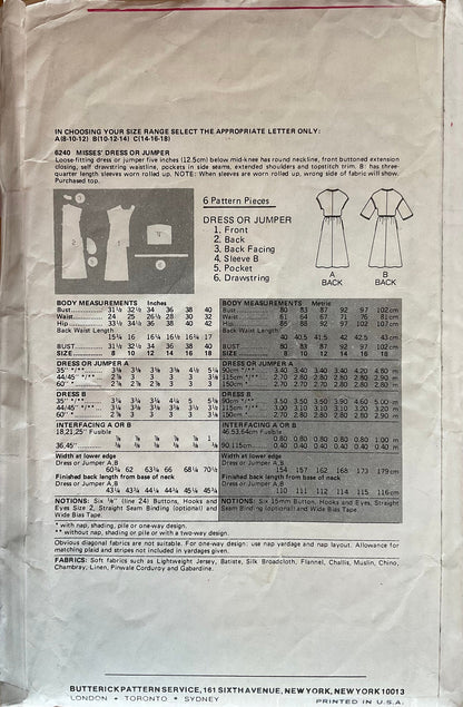 Butterick 6240 Sewing Pattern (Vintage) CUT