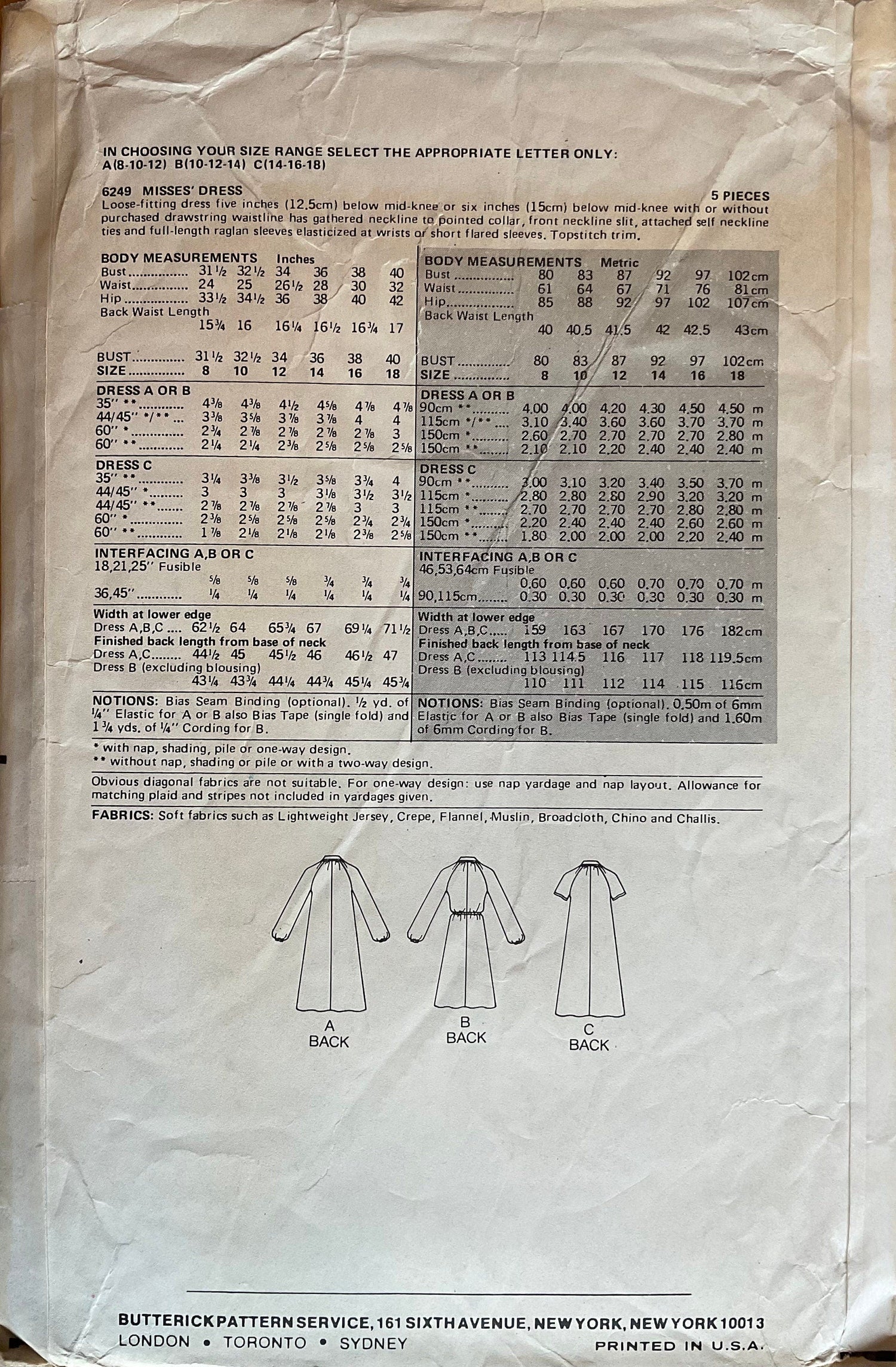 Butterick 6249 Sewing Pattern (Vintage) UNCUT