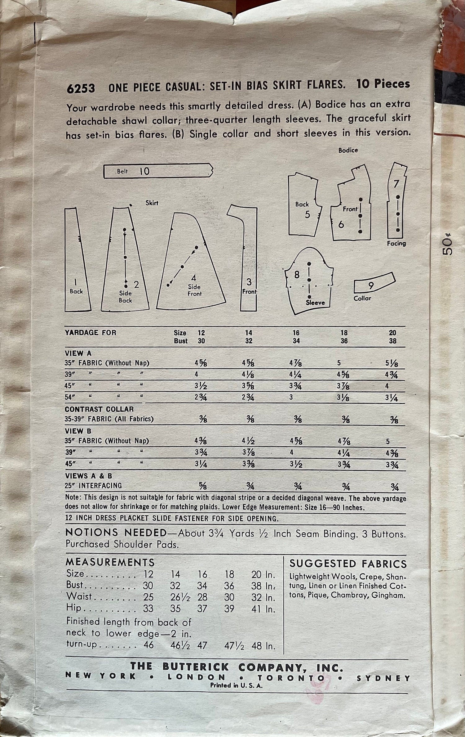 Butterick 6253 Sewing Pattern (Vintage) UNCUT