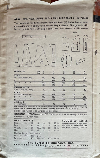 Butterick 6253 Sewing Pattern (Vintage) UNCUT