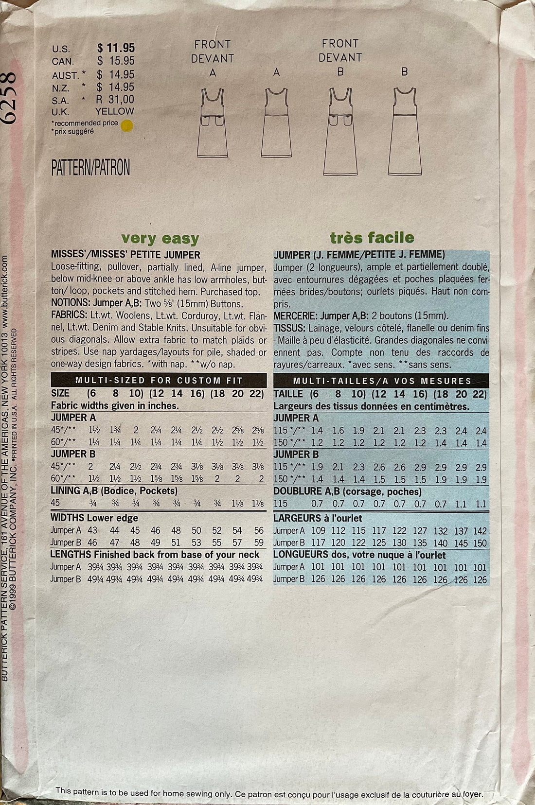 Butterick 6258 Sewing Pattern (Vintage) UNCUT