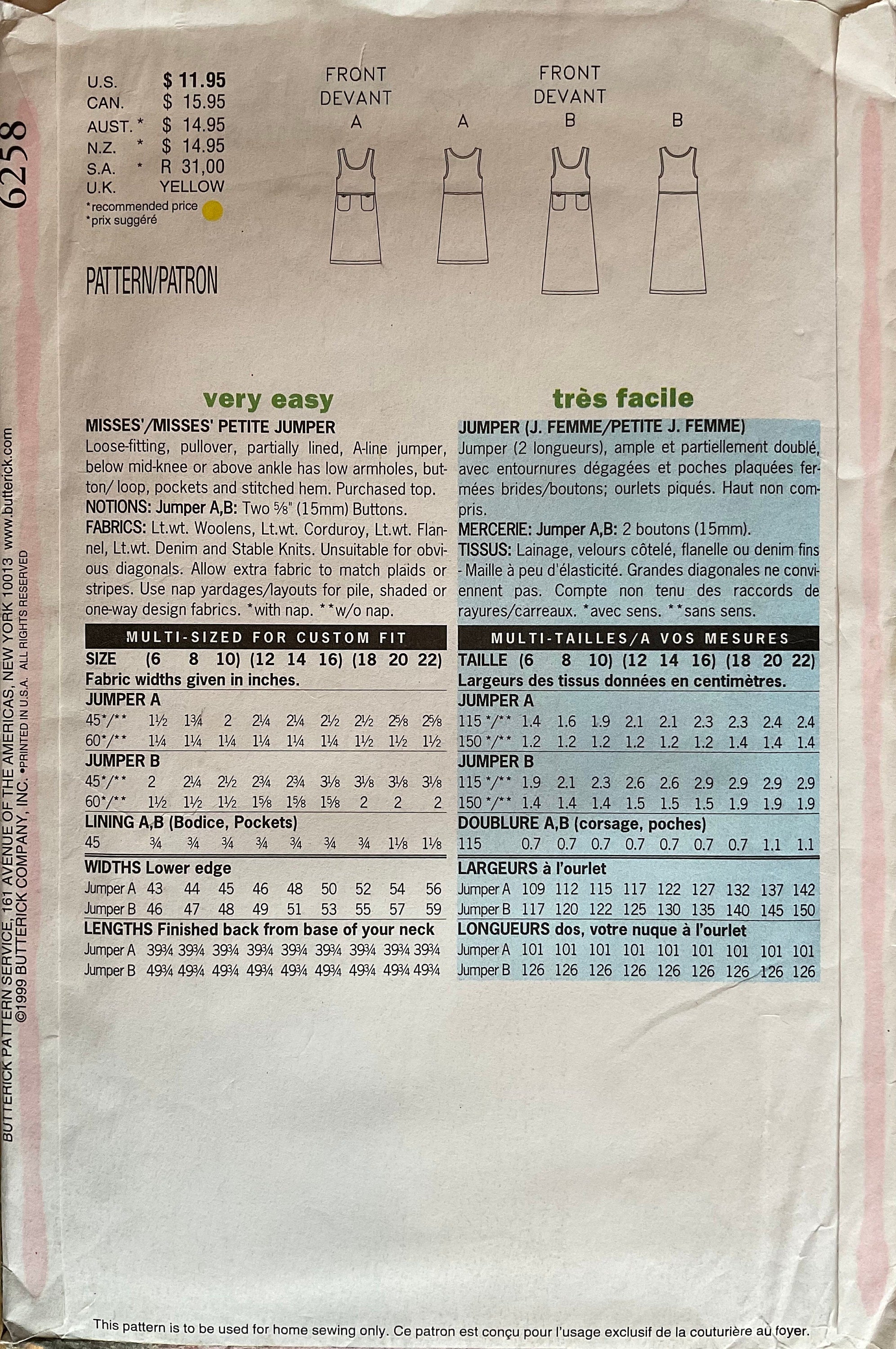 Butterick 6258 Sewing Pattern (Vintage) UNCUT