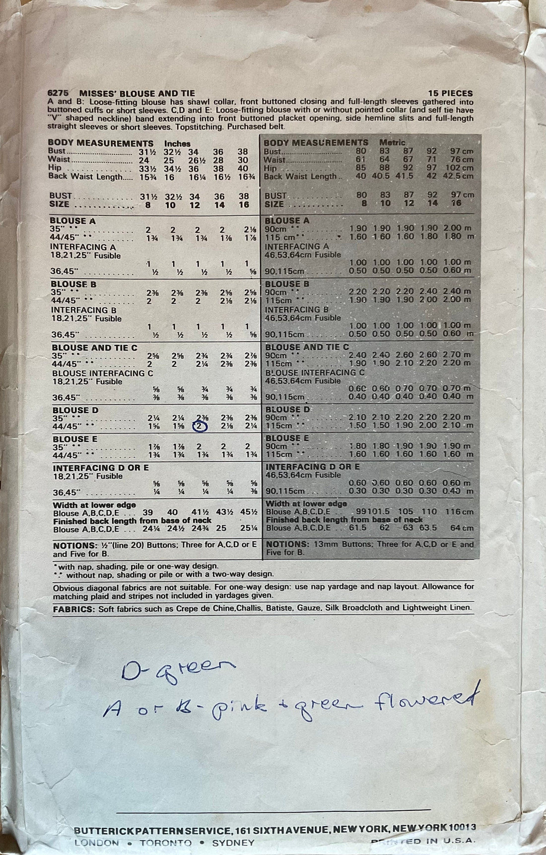 Butterick 6275 Sewing Pattern (Vintage) CUT