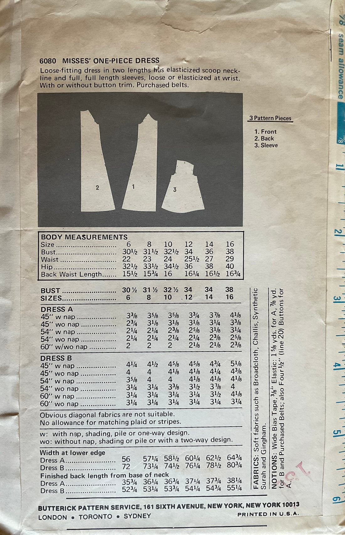 Butterick 6080 Sewing Pattern (Vintage) CUT