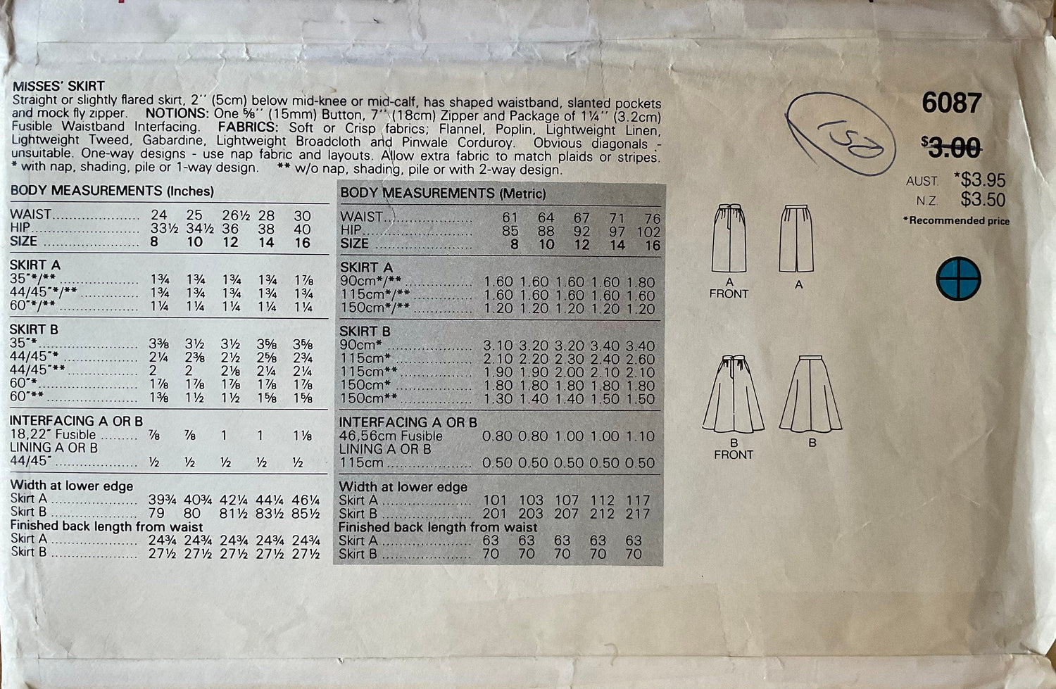 Butterick 6087 Sewing Pattern (Vintage) UNCUT